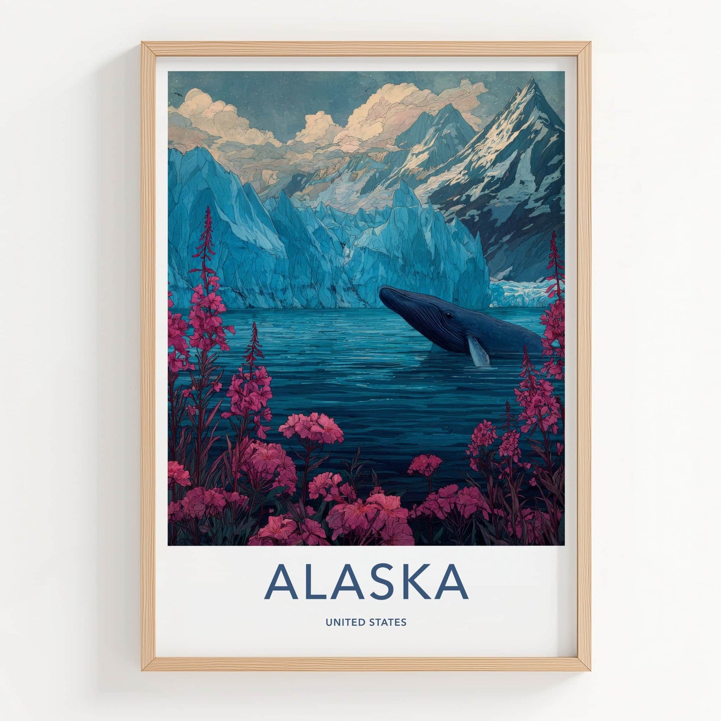 Alaska Poster - Alaska Wall Art - Pink Flowers Whale Home Decor