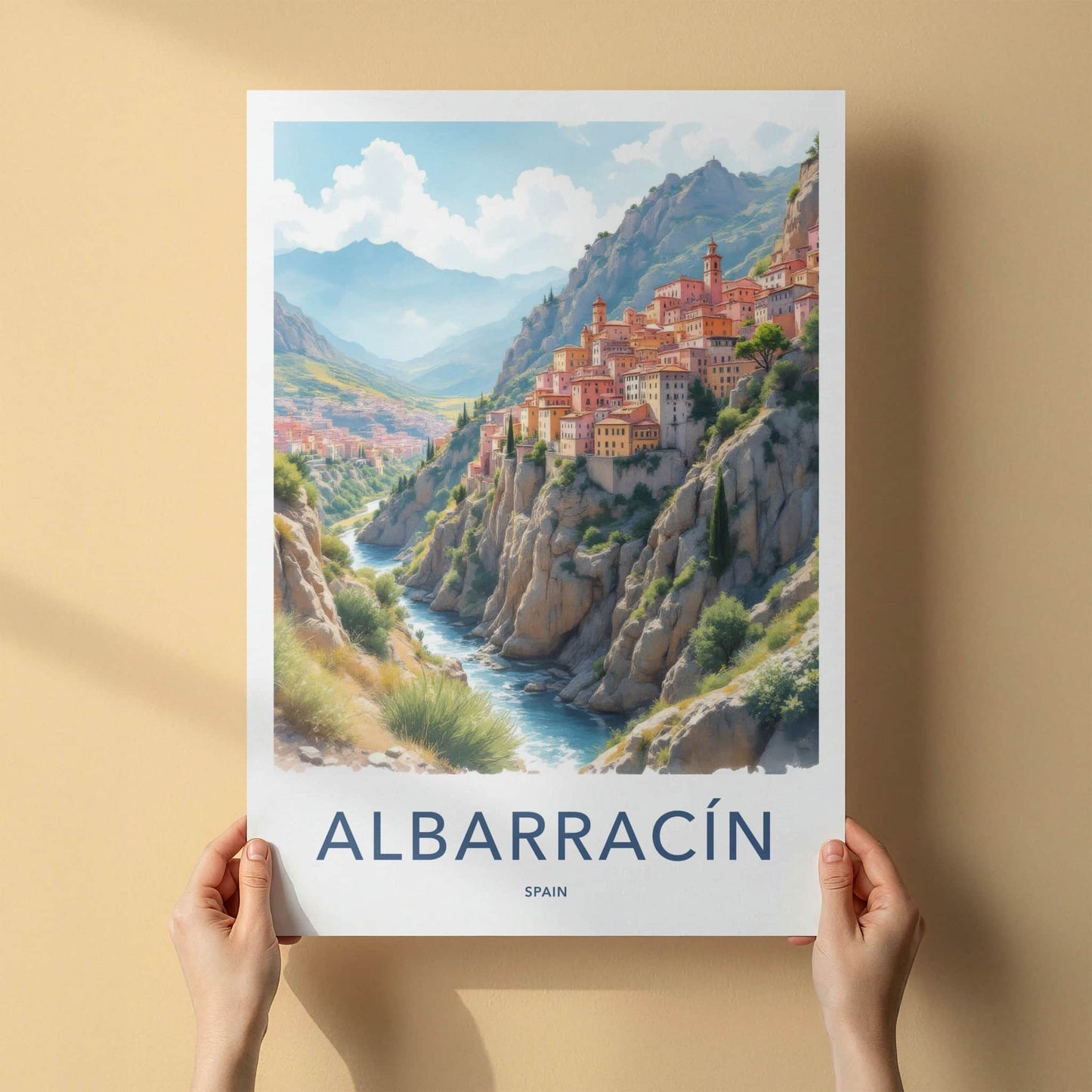 Albarracin Poster - Spain Travel Art - Cliffside River Town Home Decor