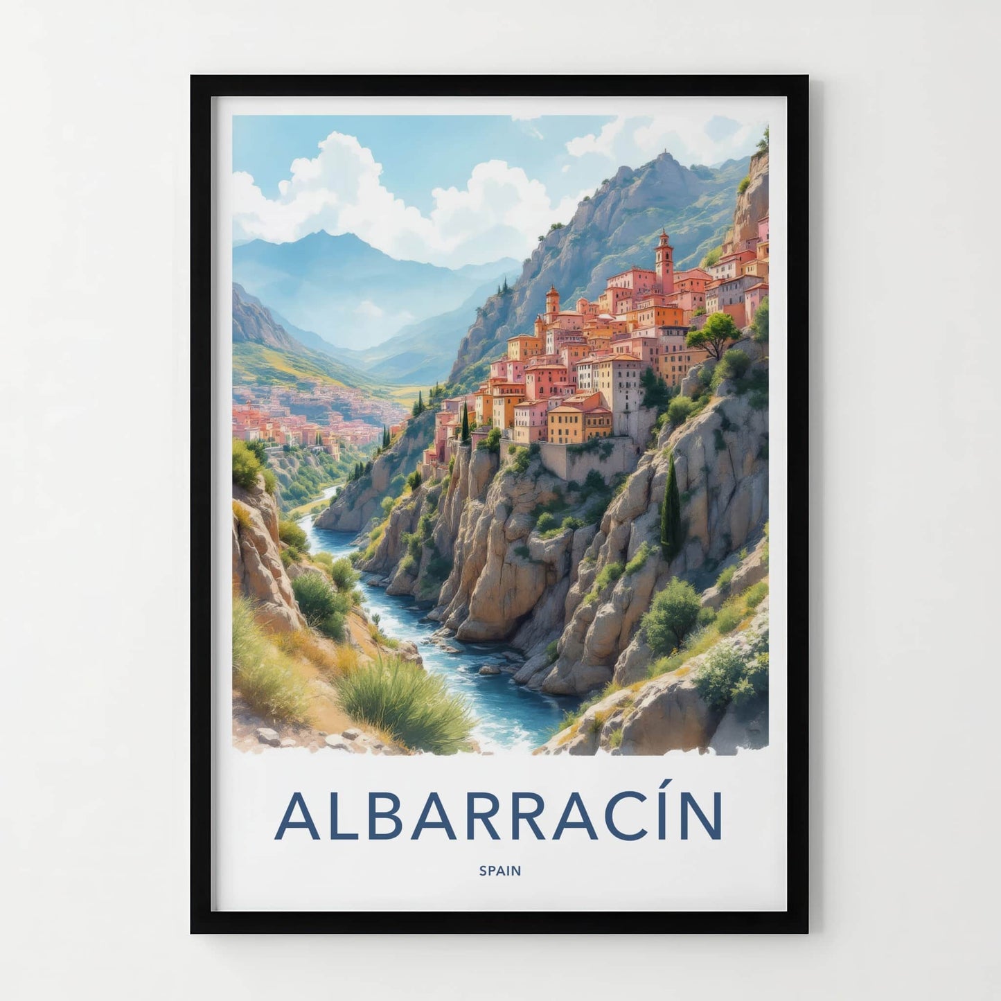 Albarracin Poster - Spain Travel Art - Cliffside River Town Home Decor