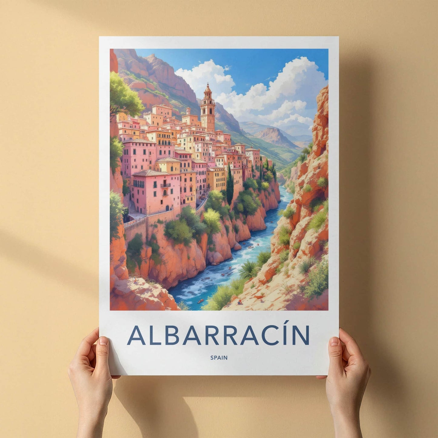 Albarracin Poster - Spain Travel Art - Cliffside Village River Home Decor