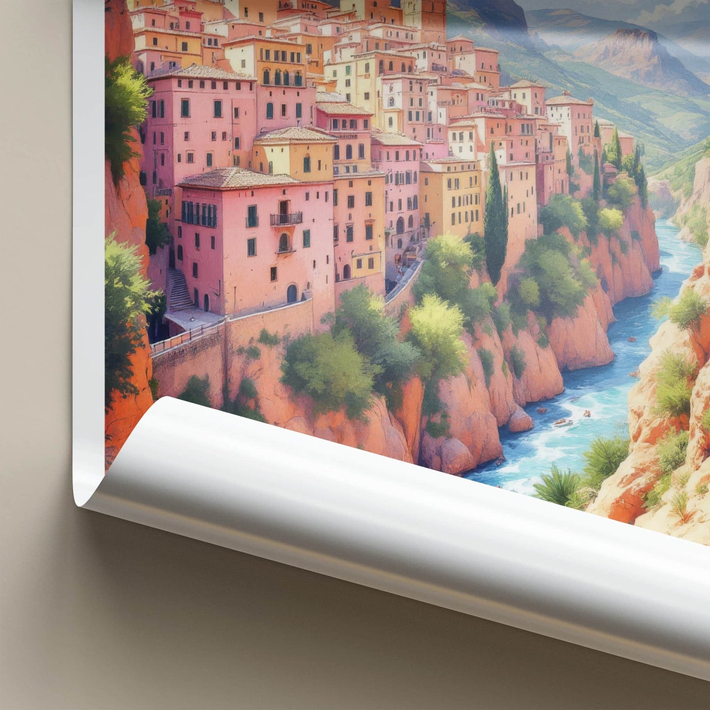 Albarracin Poster - Spain Travel Art - Cliffside Village River Home Decor