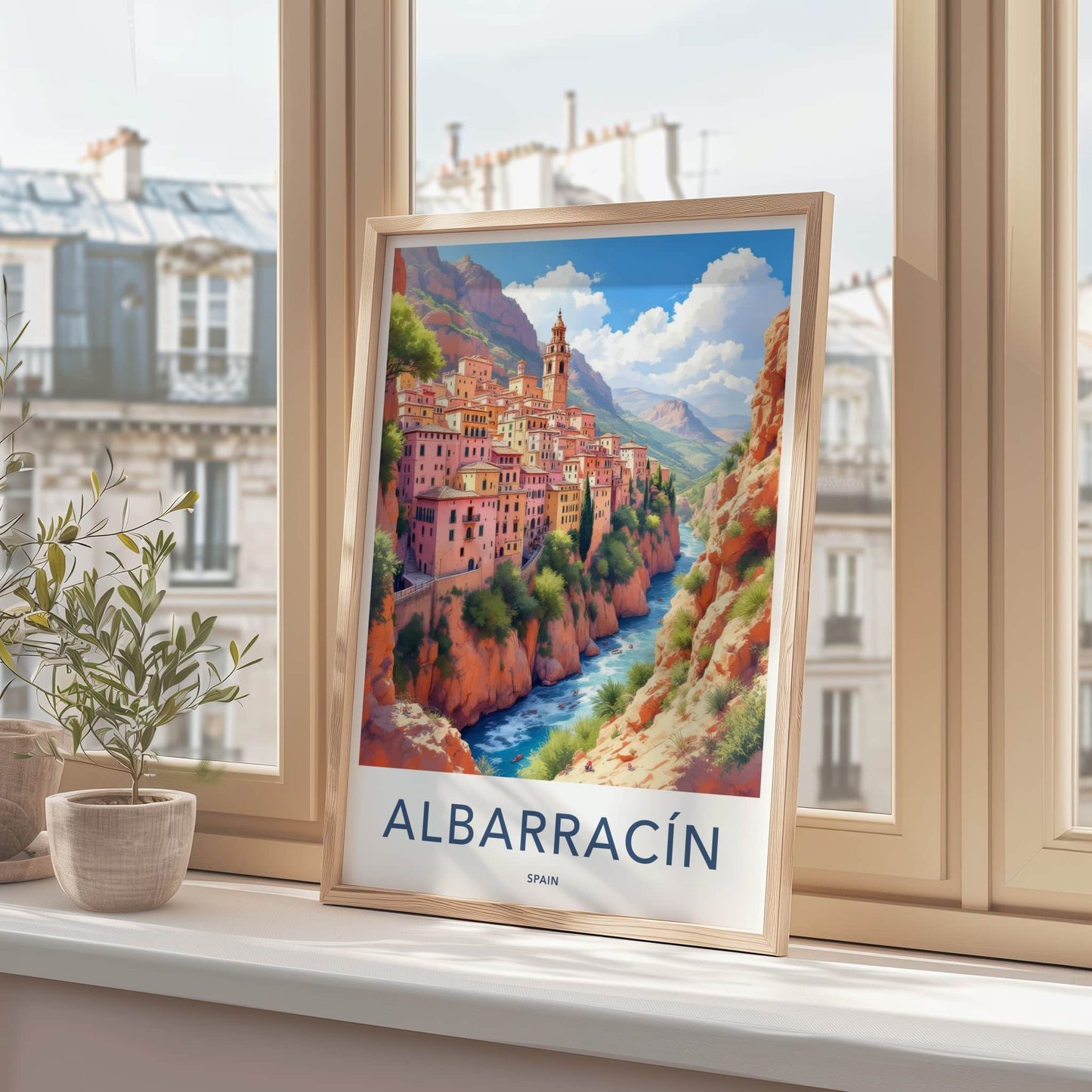Albarracin Poster - Spain Travel Art - Cliffside Village River Home Decor