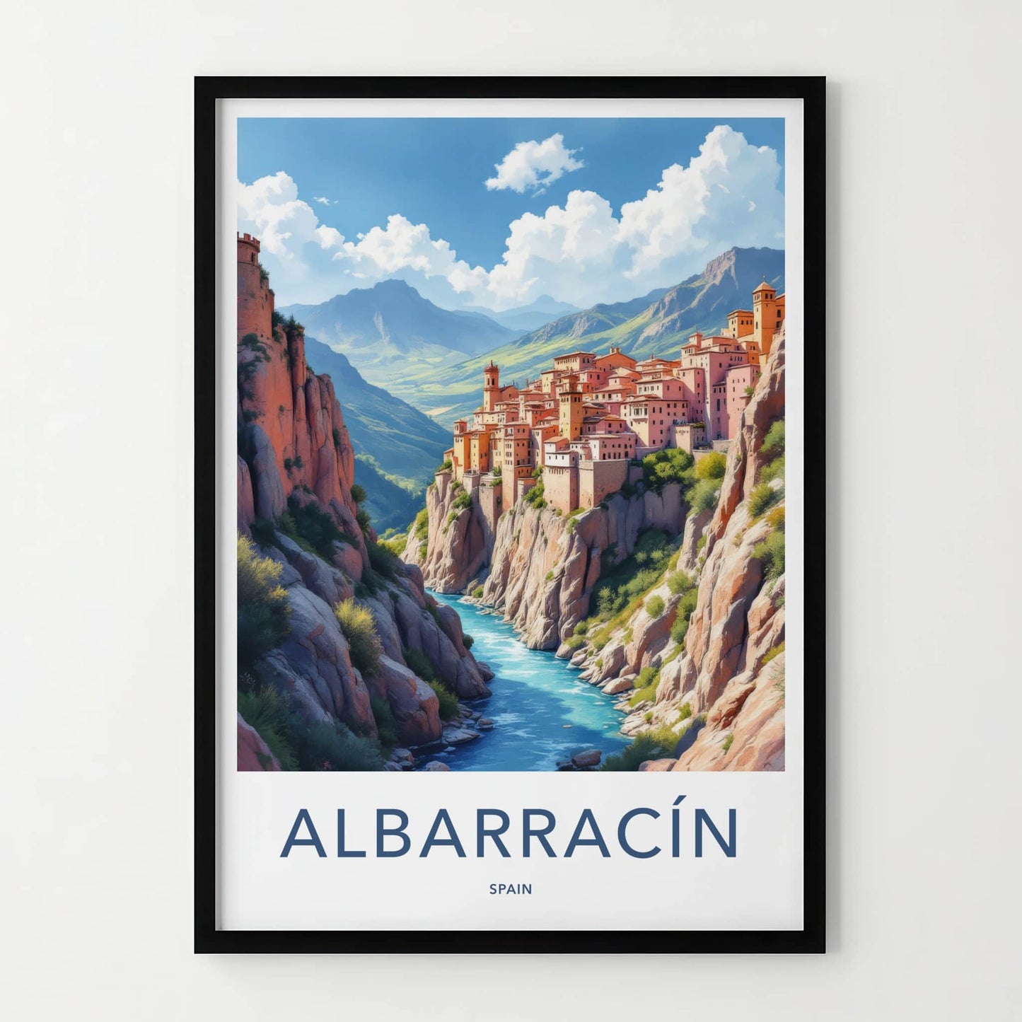 Albarracin Poster - Spain Wall Art - Cliffside Town River Home Decor