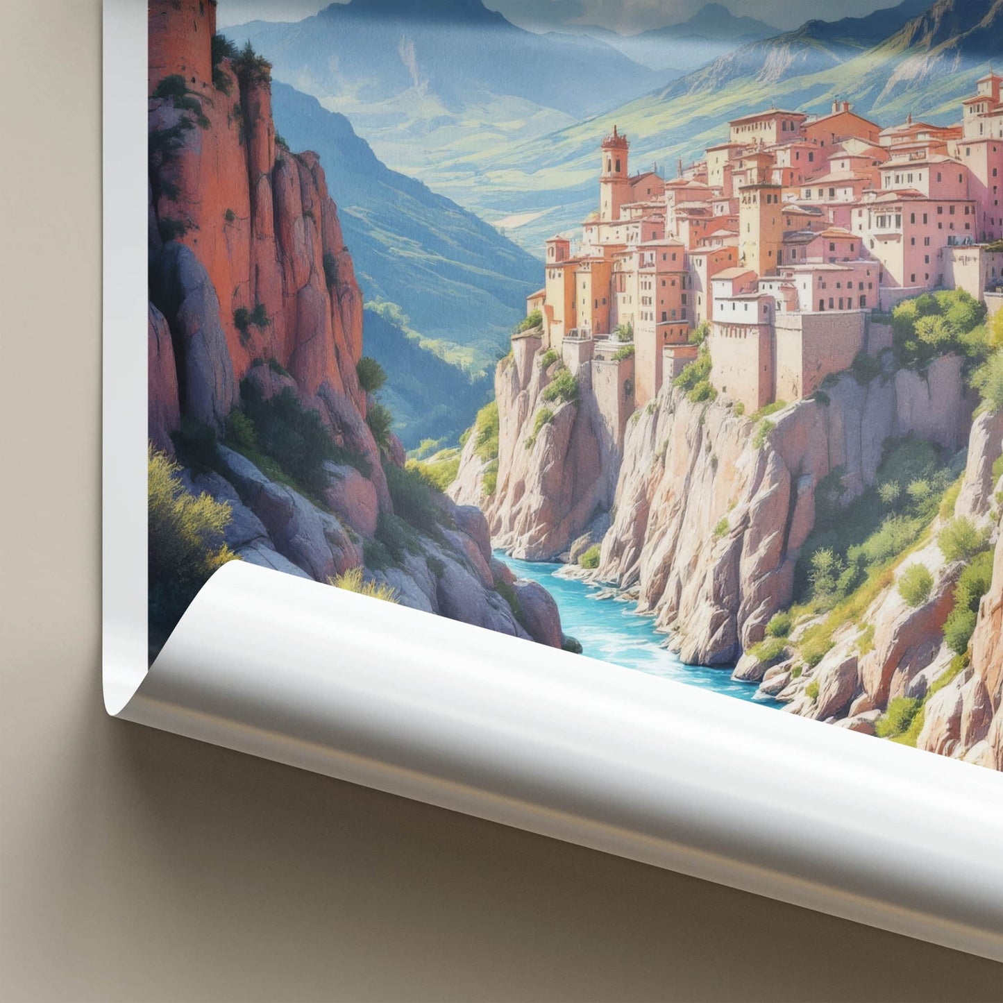 Albarracin Poster - Spain Wall Art - Cliffside Town River Home Decor