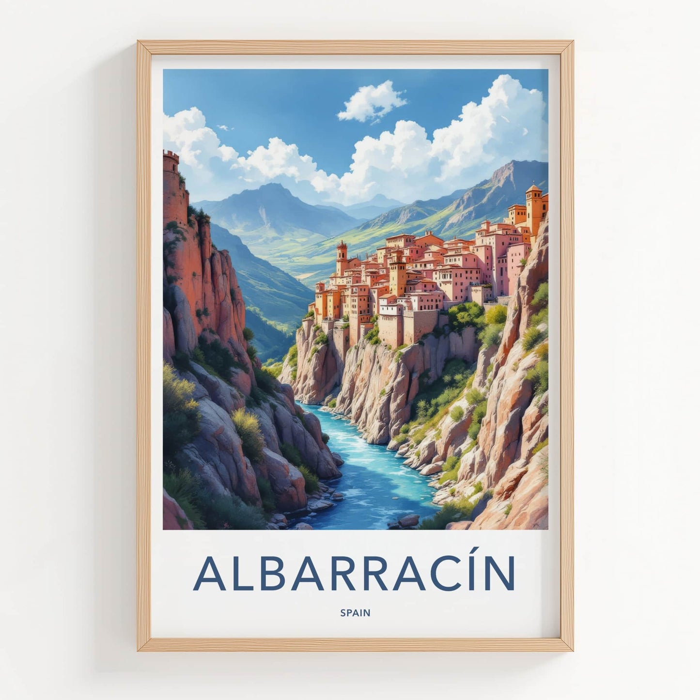 Albarracin Poster - Spain Wall Art - Cliffside Town River Home Decor