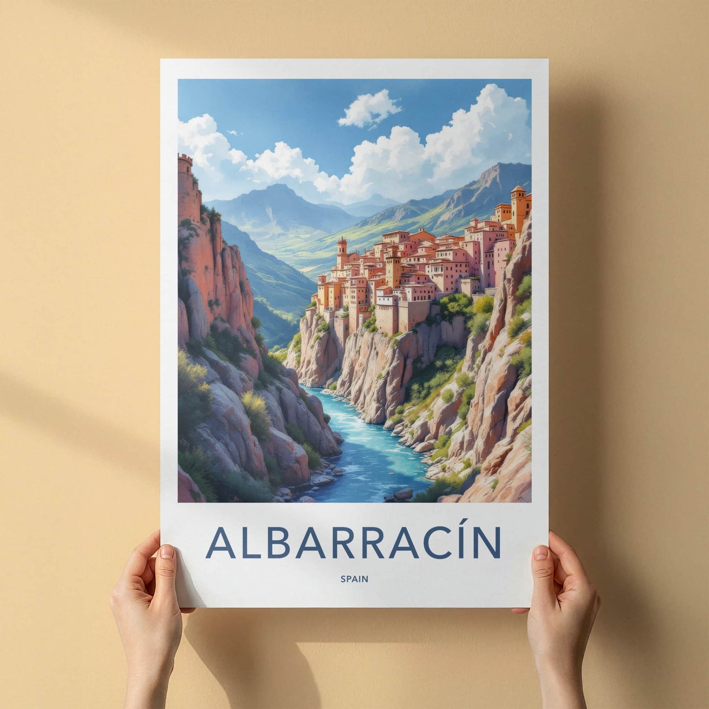 Albarracin Poster - Spain Wall Art - Cliffside Town River Home Decor