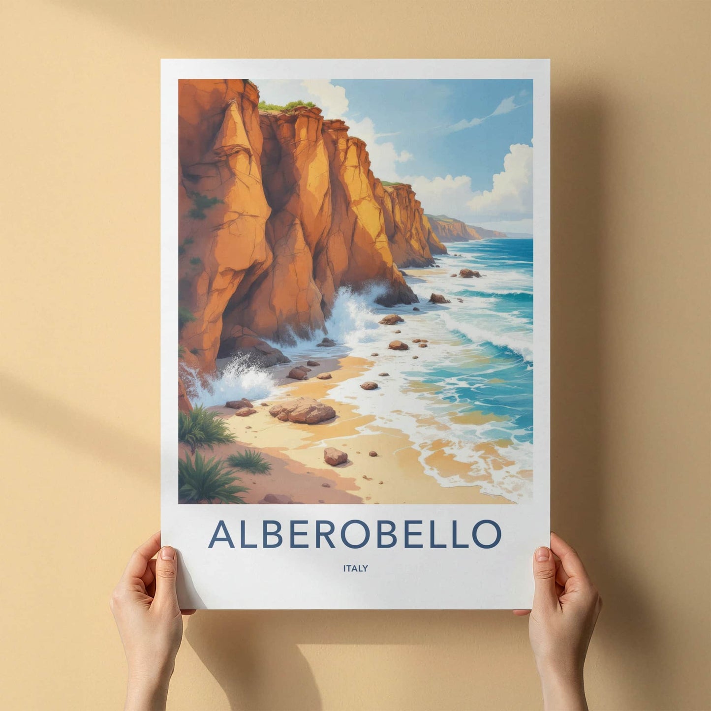 Alberobello Poster - Italy Travel Art - Ocean Waves Cliffs Wall Decor