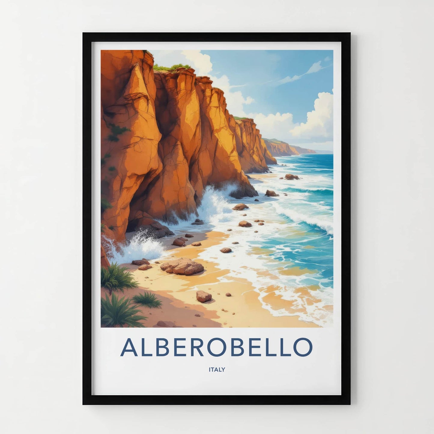 Alberobello Poster - Italy Travel Art - Ocean Waves Cliffs Wall Decor