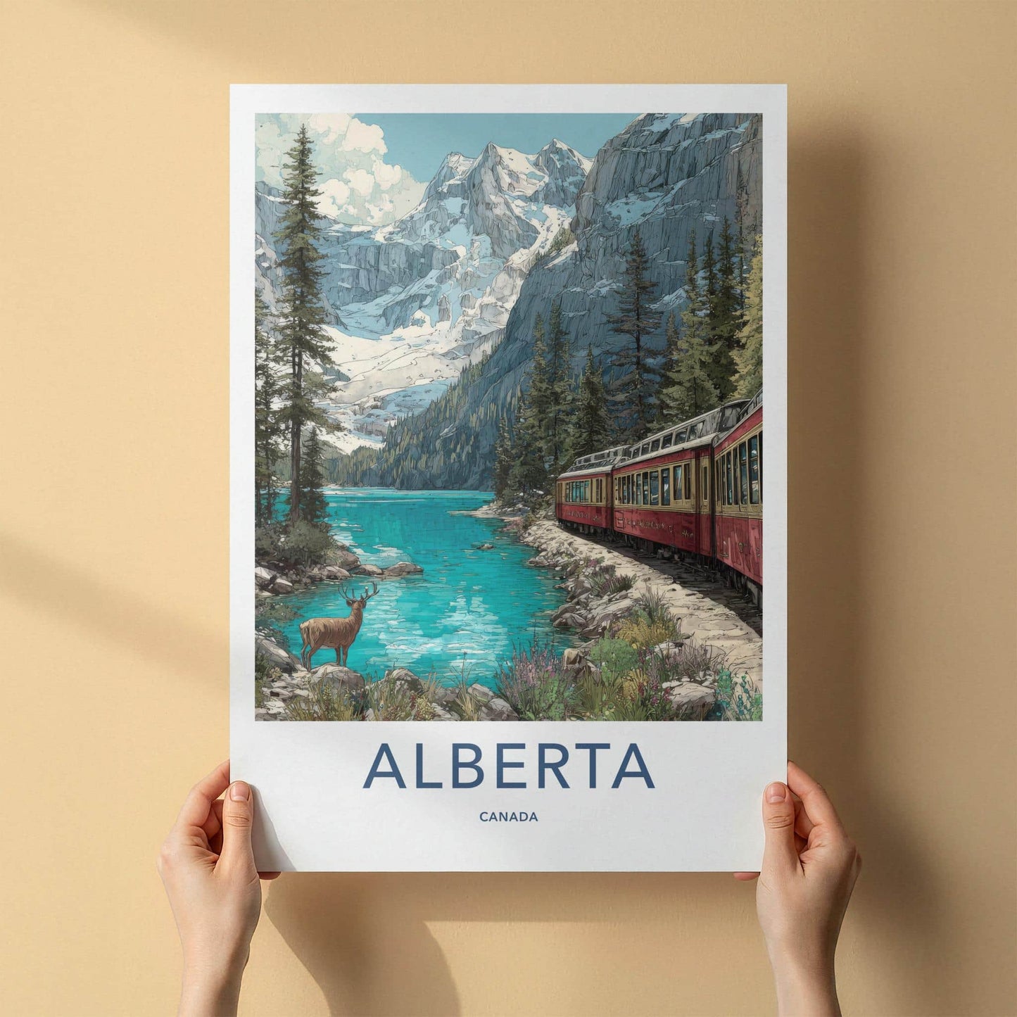 Alberta Poster - Canada Scenic Art - Mountain Lake Train Wall Decor