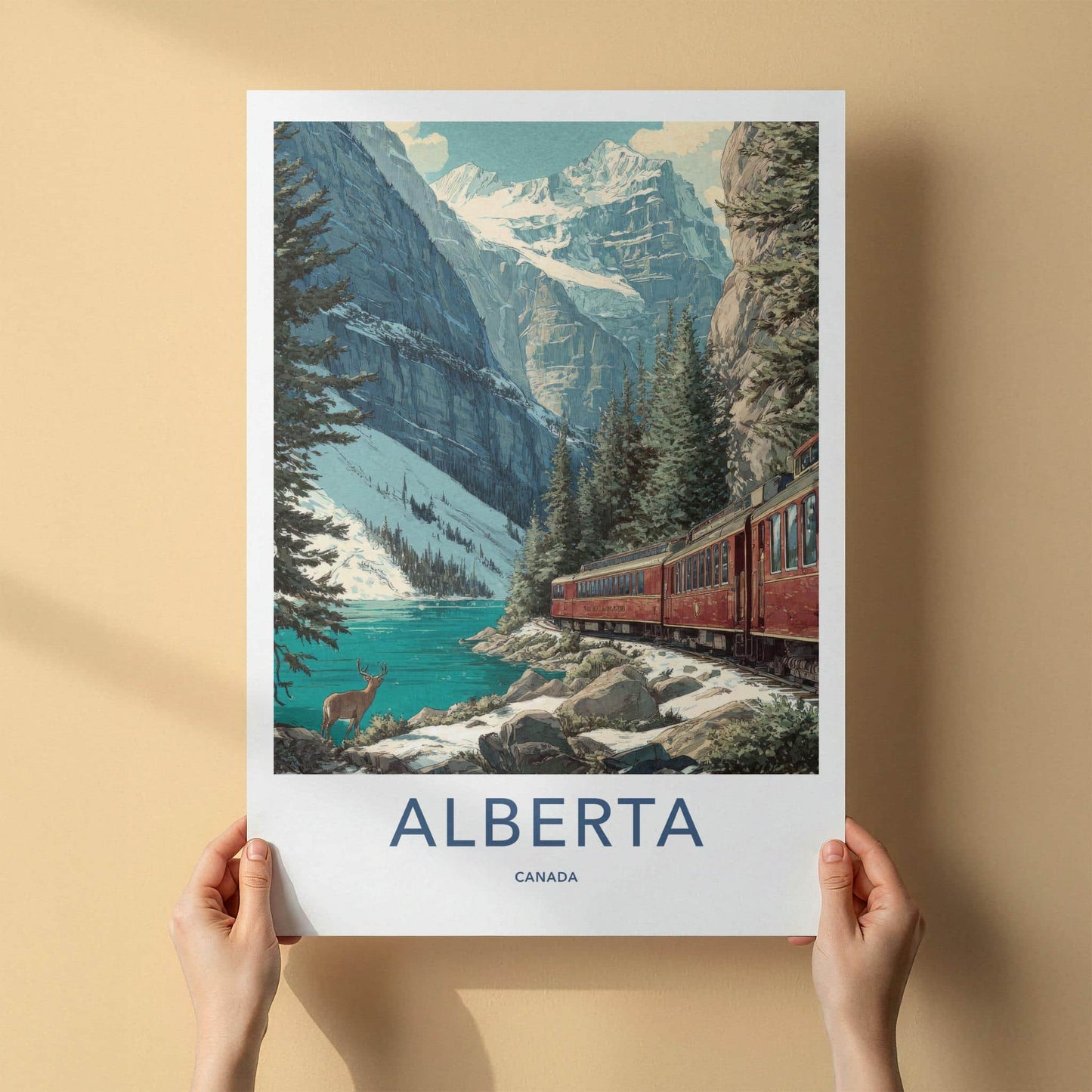 Alberta Poster - Canada Travel Illustration - Mountain lake train Wall Decor