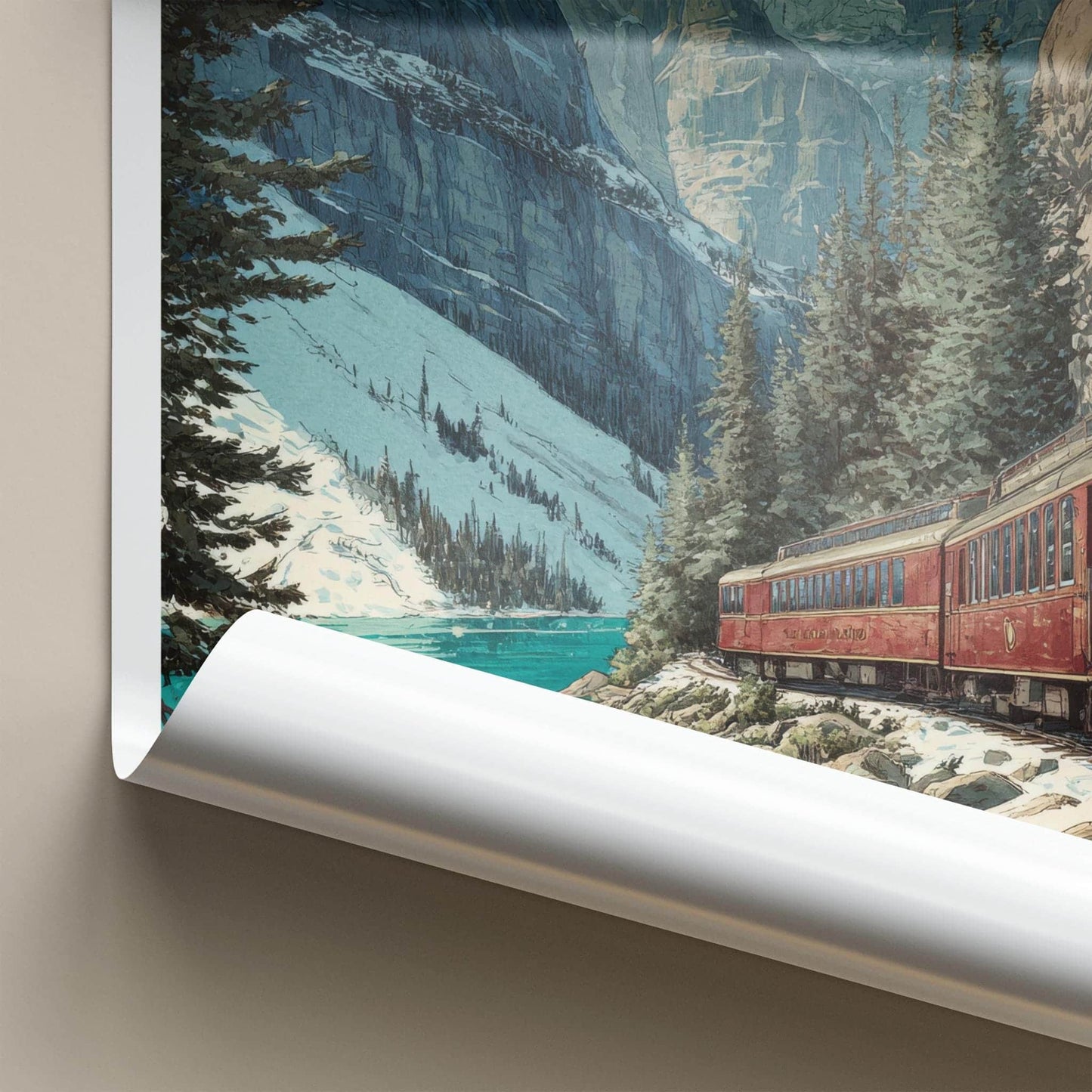 Alberta Poster - Canada Travel Illustration - Mountain lake train Wall Decor
