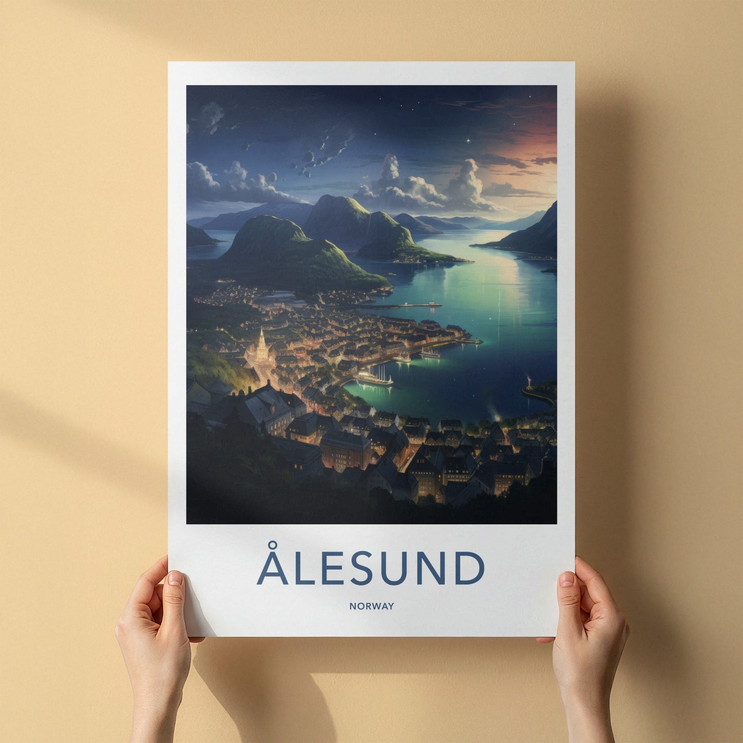 Alesund Poster - Norway Travel Art - Illuminated Coastal Town Home Decor