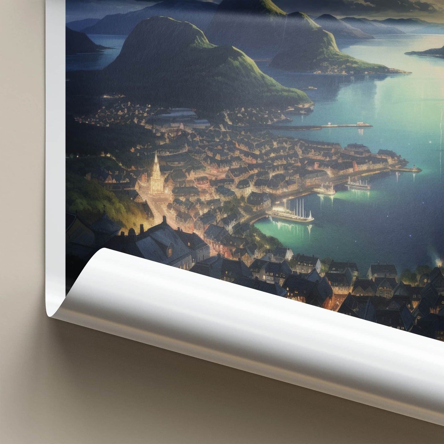 Alesund Poster - Norway Travel Art - Illuminated Coastal Town Home Decor