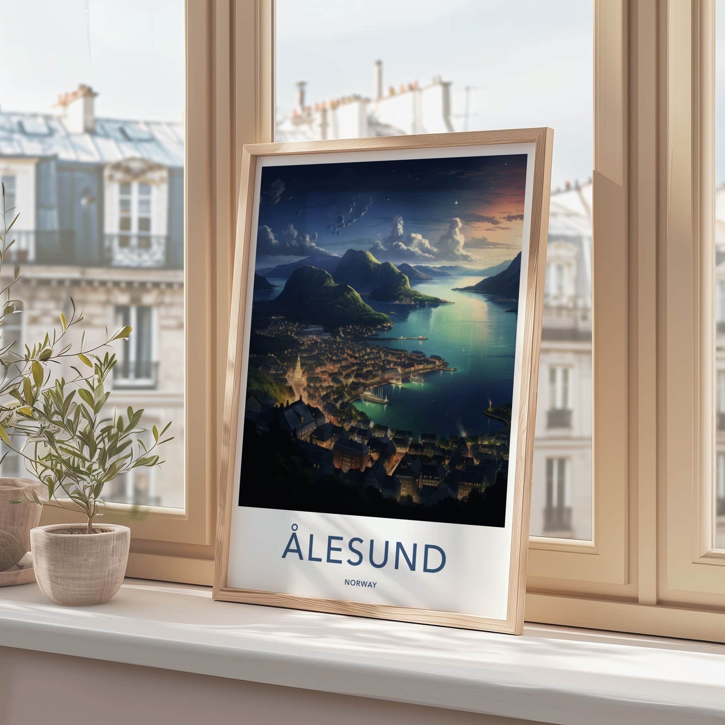 Alesund Poster - Norway Travel Art - Illuminated Coastal Town Home Decor