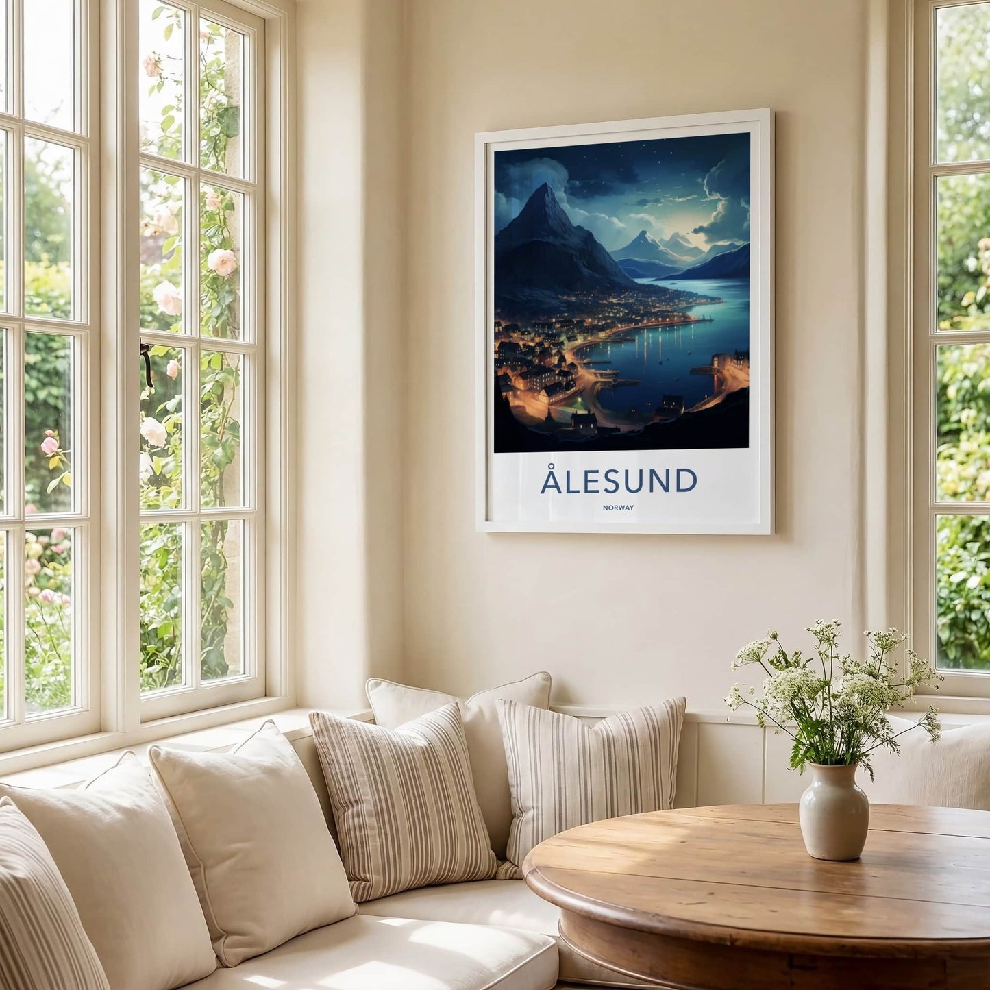 Alesund Poster - Norway Travel Art - Illuminated Coastal Town Home Decor