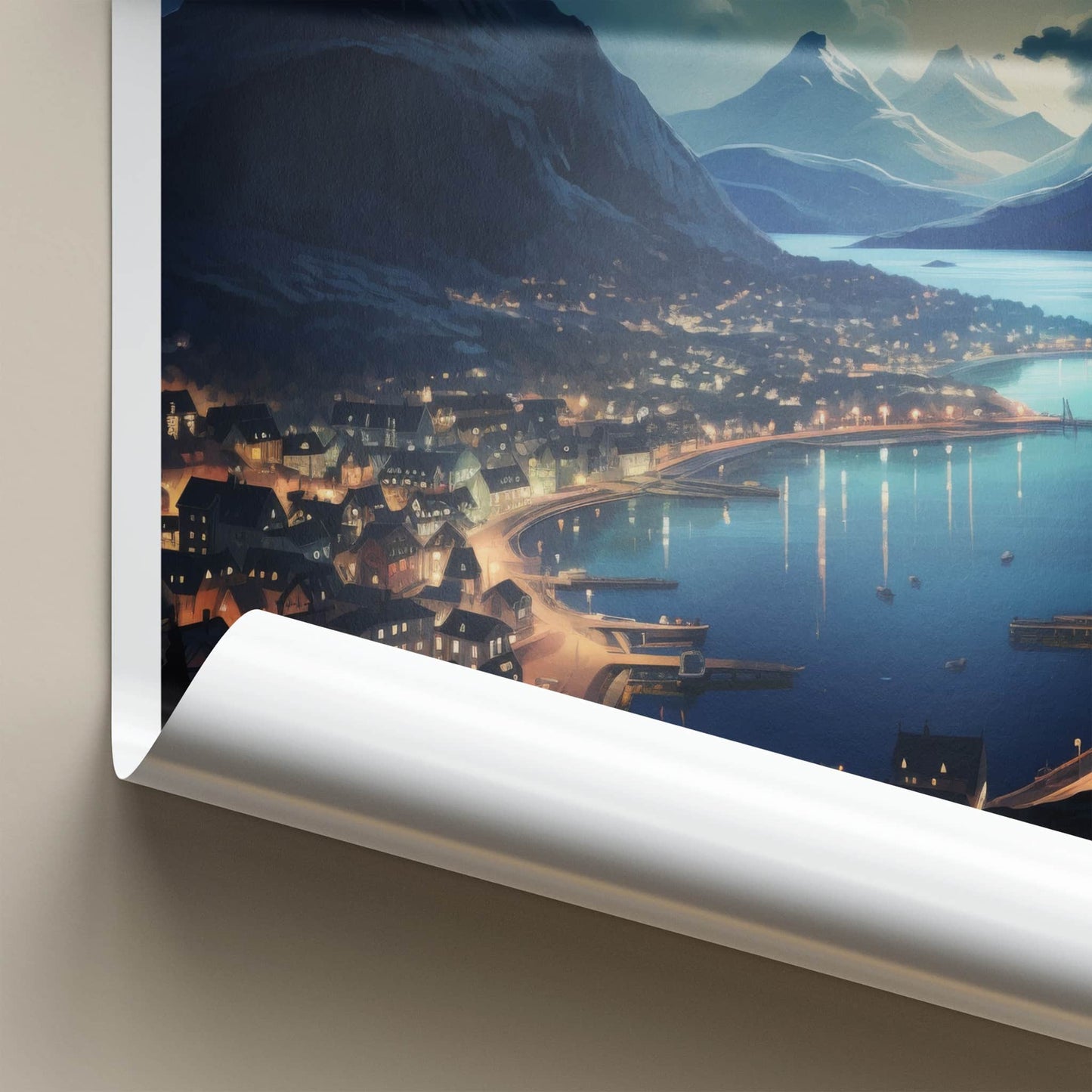 Alesund Poster - Norway Travel Art - Illuminated Coastal Town Home Decor