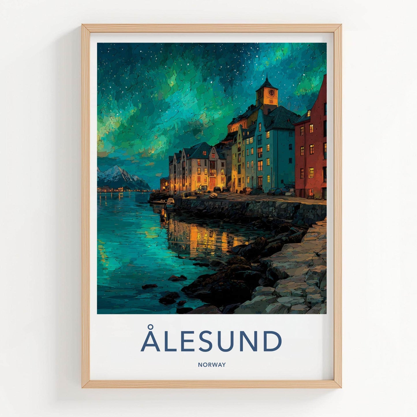 Alesund Poster - Norway Travel Illustration - Aurora Waterfront Town Wall Decor