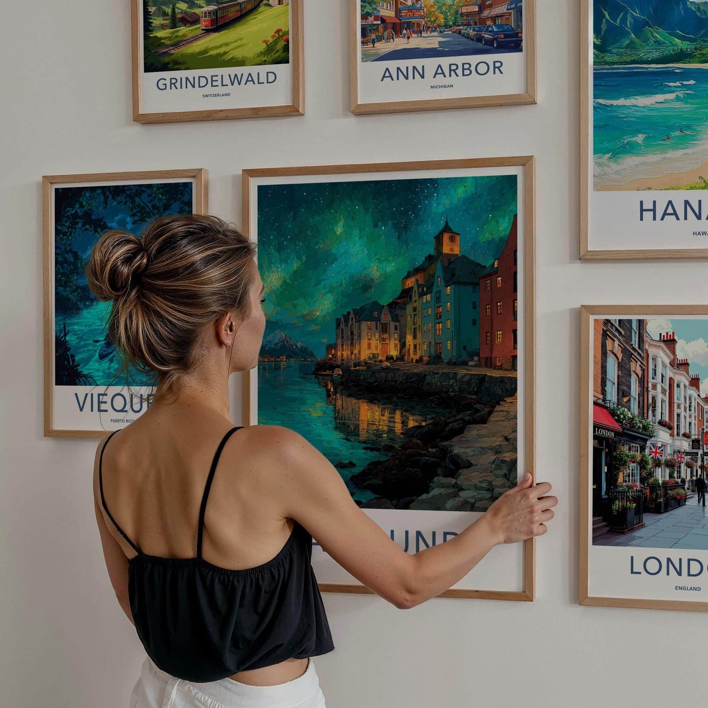 Alesund Poster - Norway Travel Illustration - Aurora Waterfront Town Wall Decor