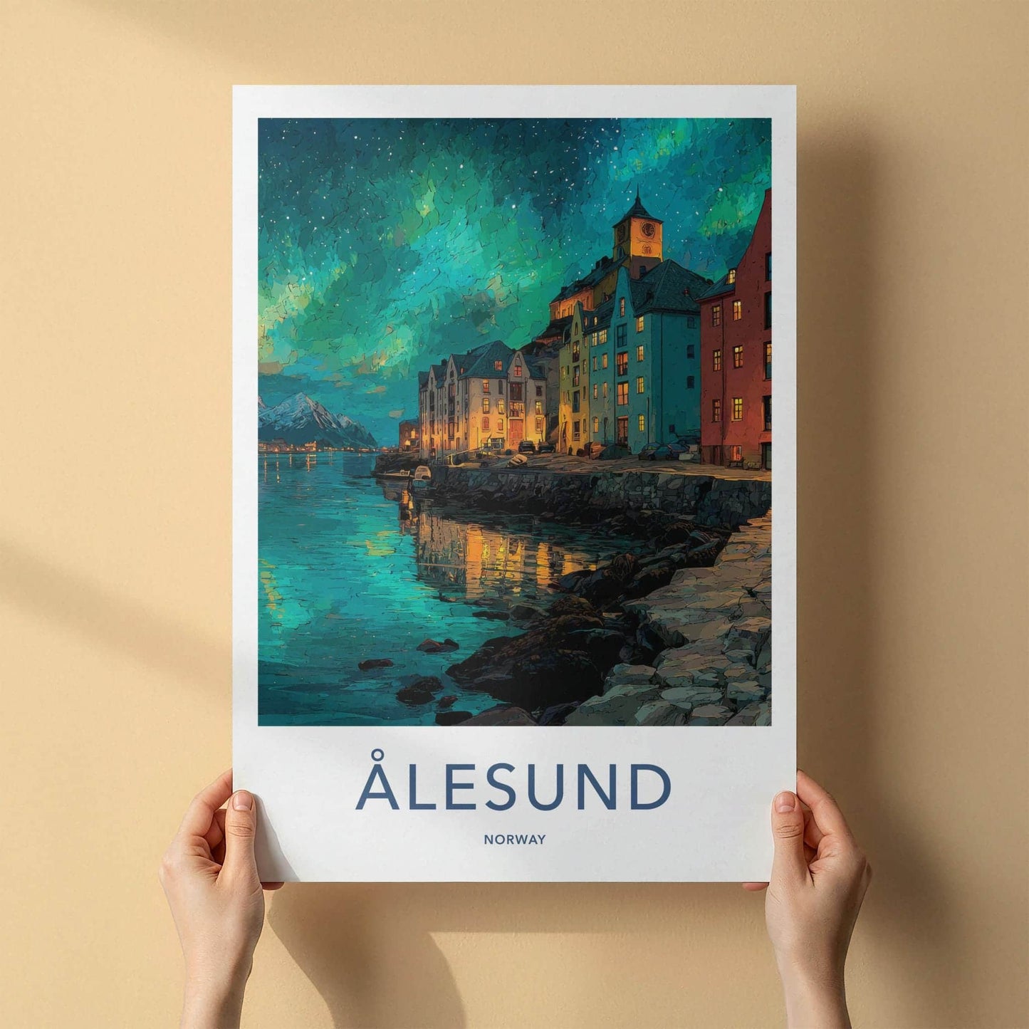 Alesund Poster - Norway Travel Illustration - Aurora Waterfront Town Wall Decor