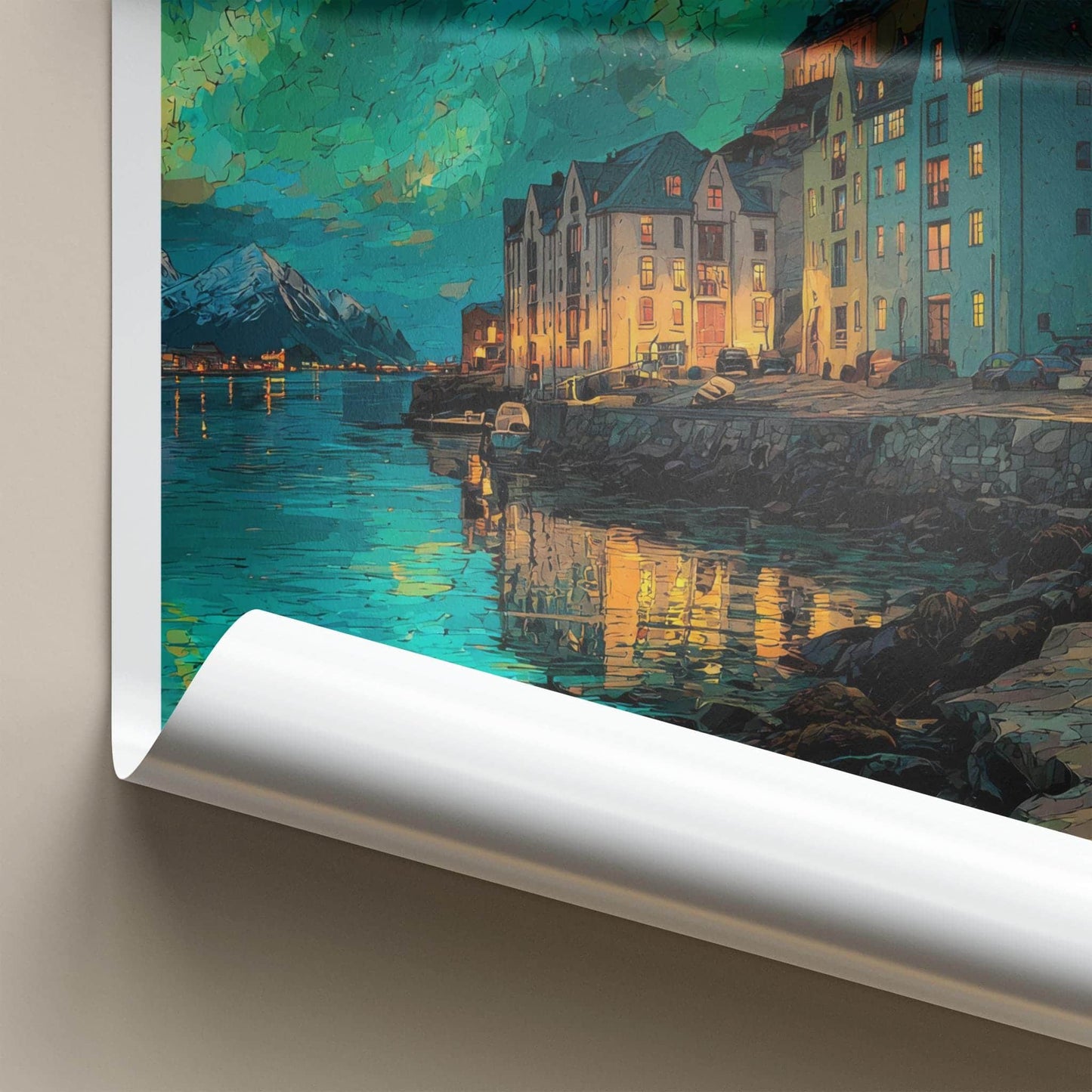 Alesund Poster - Norway Travel Illustration - Aurora Waterfront Town Wall Decor