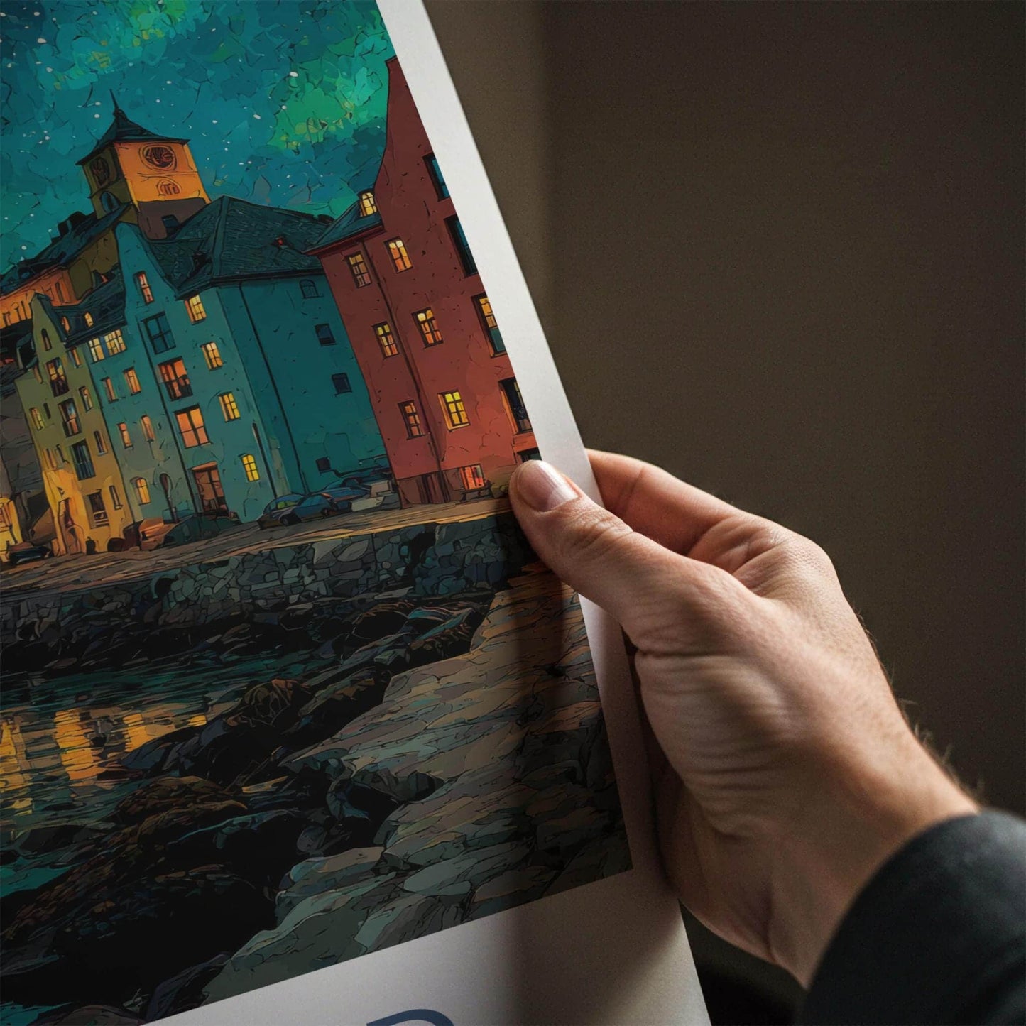 Alesund Poster - Norway Travel Illustration - Aurora Waterfront Town Wall Decor