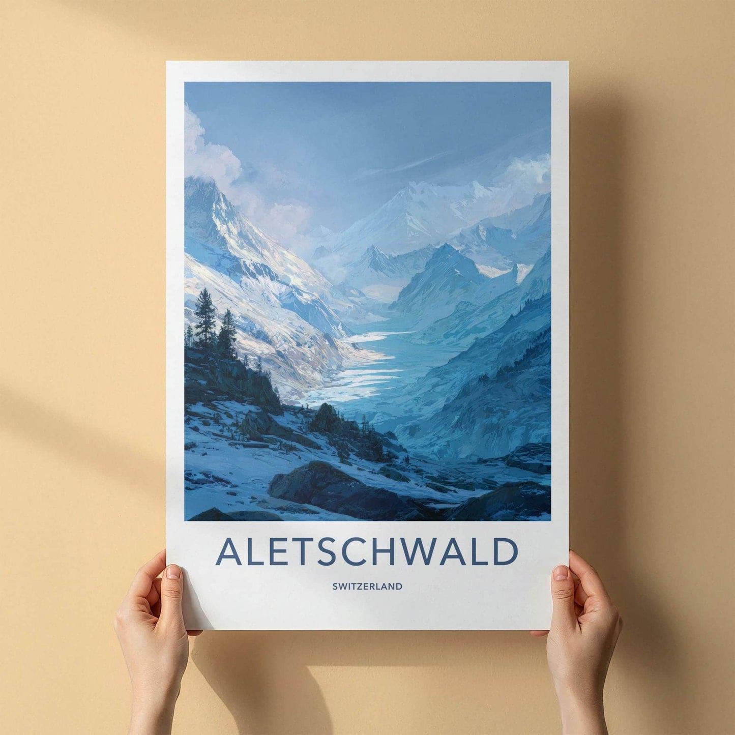 Aletschwald Poster - Switzerland Travel Illustration - Icy mountain valley Home Decor