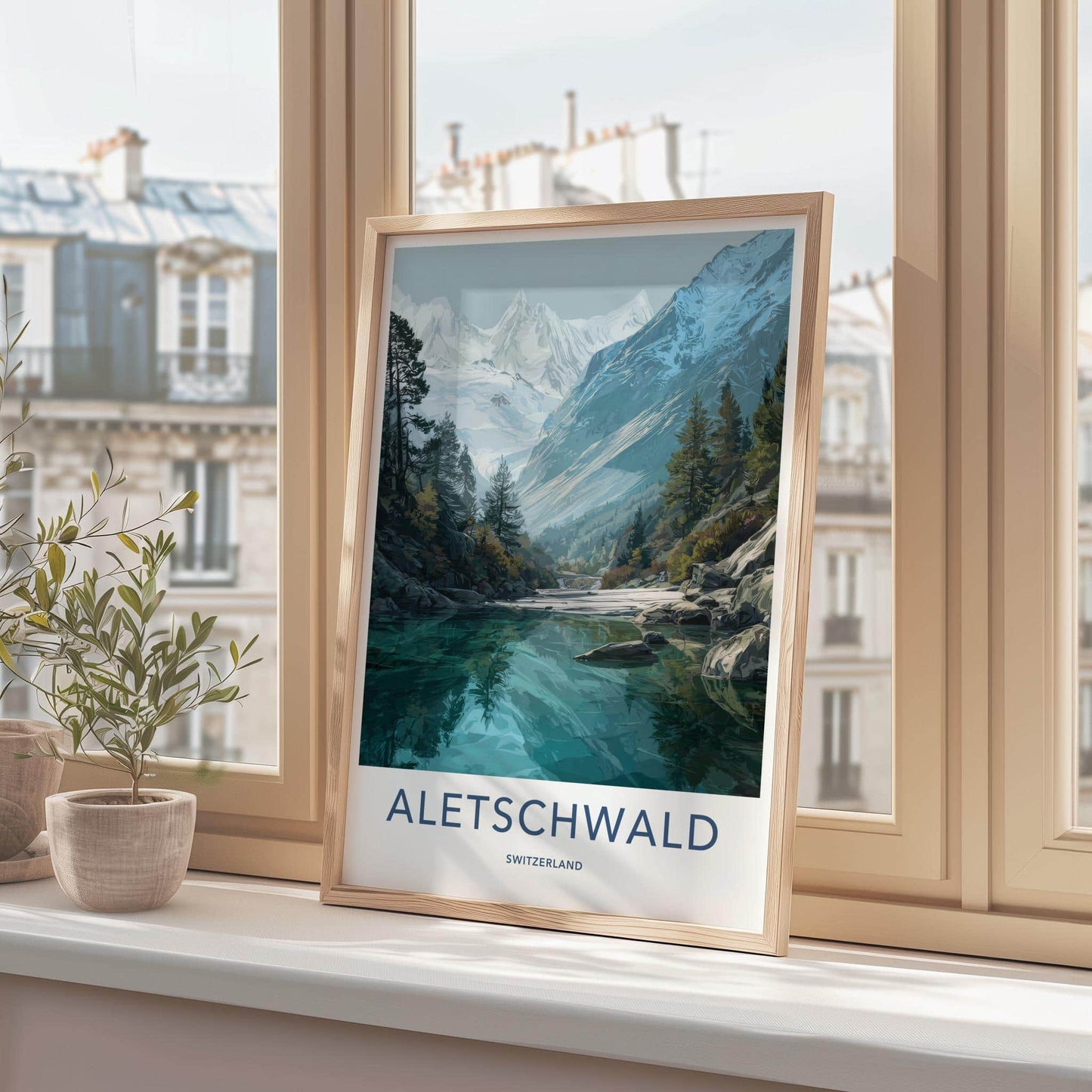 Aletschwald Poster - Switzerland Travel Illustration - Serene Lake Mountains Wall Decor