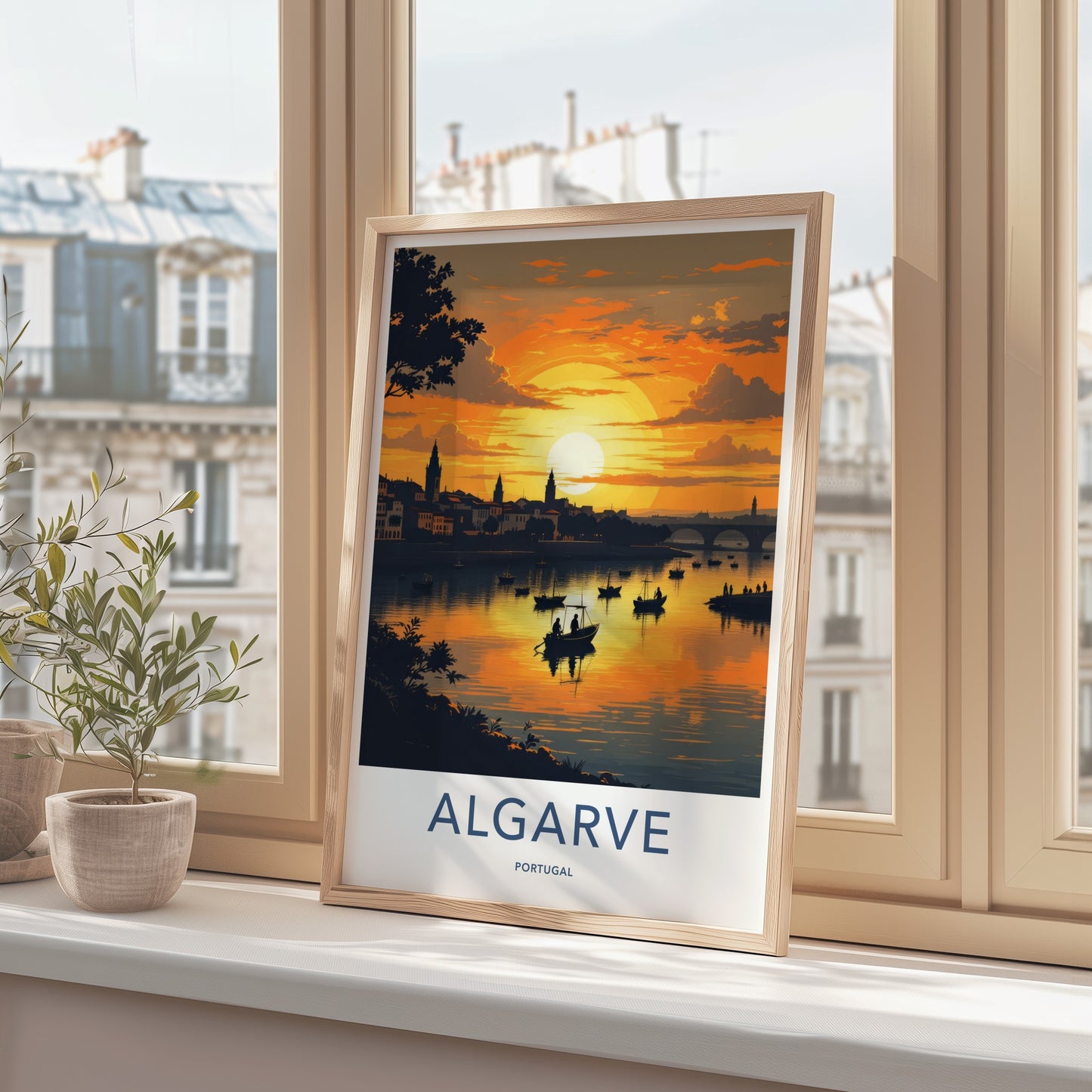 Algarve Poster - Portugal Travel Print - Golden Sunset Boats Wall Decor