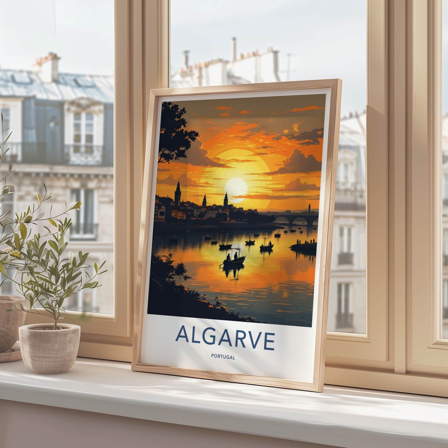 Algarve Poster - Portugal Travel Print - Golden Sunset Boats Wall Decor