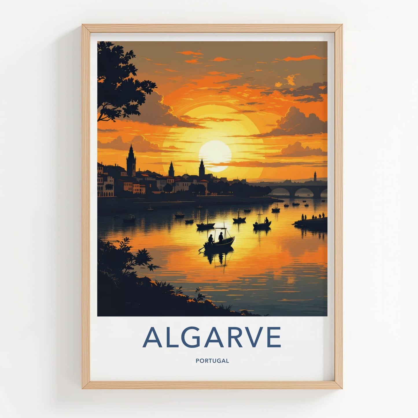 Algarve Poster - Portugal Travel Print - Golden Sunset Boats Wall Decor