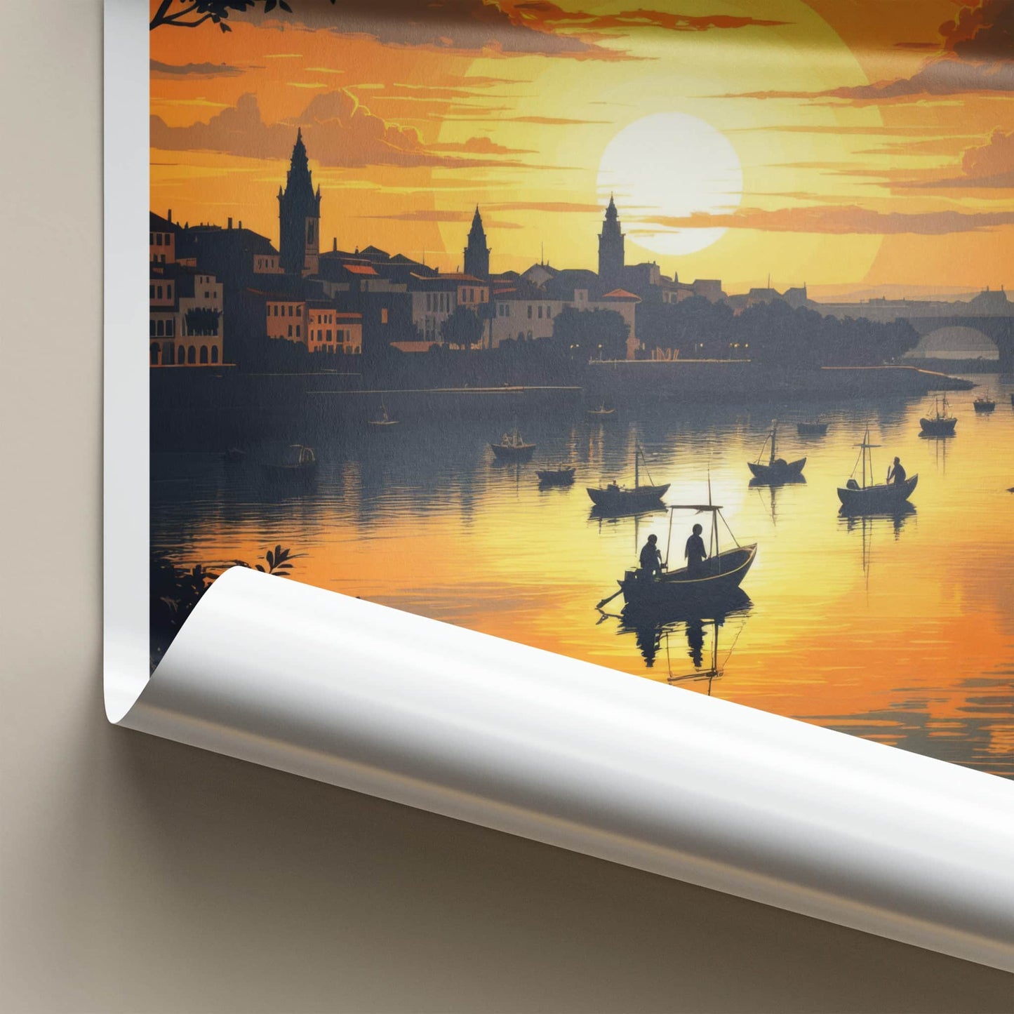 Algarve Poster - Portugal Travel Print - Golden Sunset Boats Wall Decor