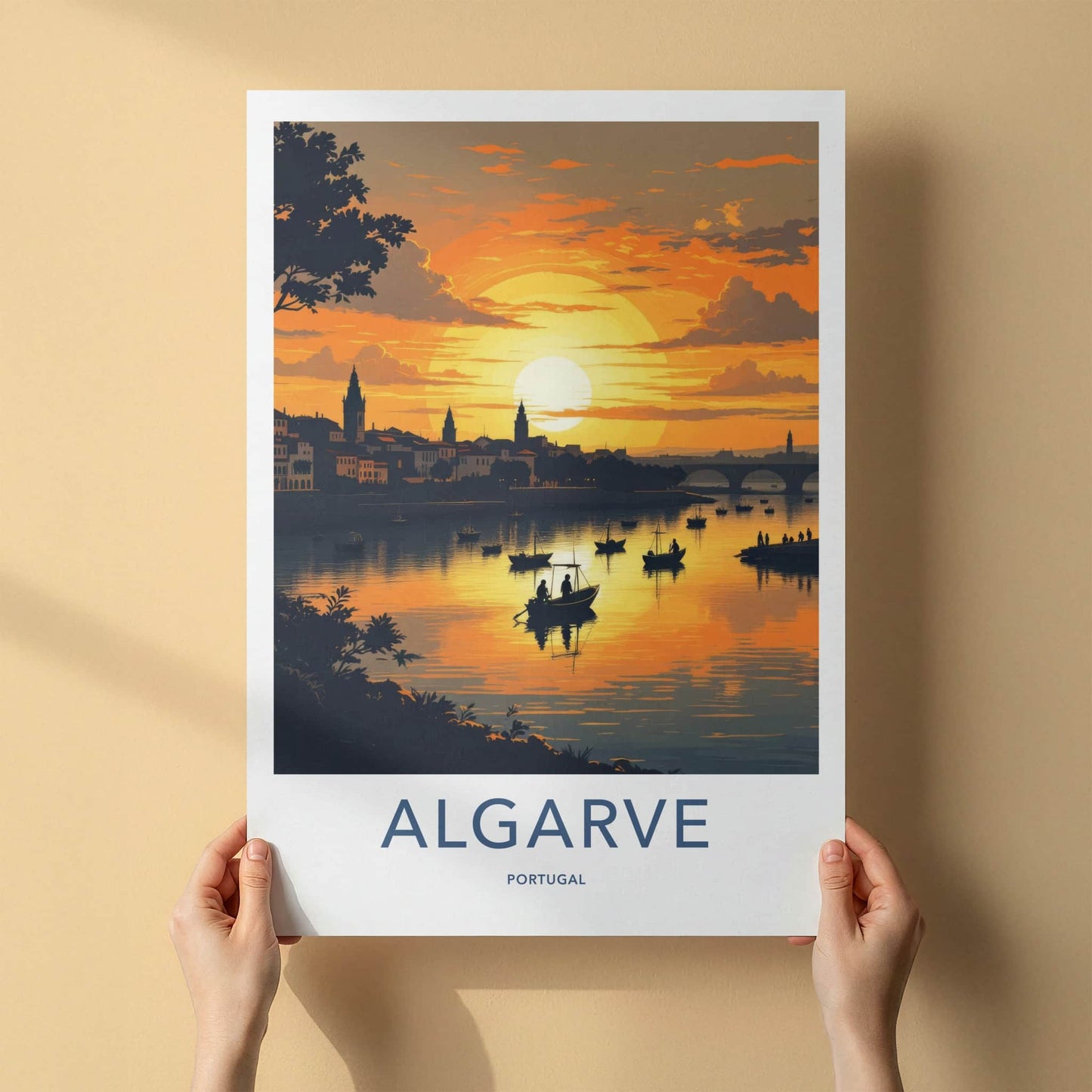 Algarve Poster - Portugal Travel Print - Golden Sunset Boats Wall Decor