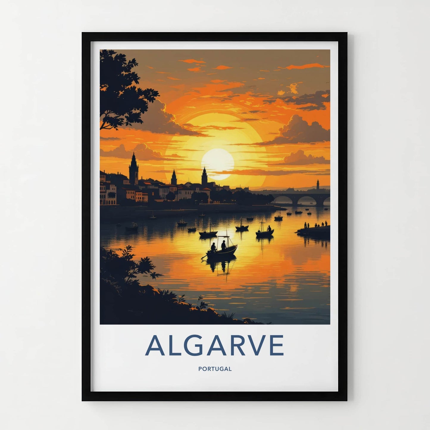 Algarve Poster - Portugal Travel Print - Golden Sunset Boats Wall Decor