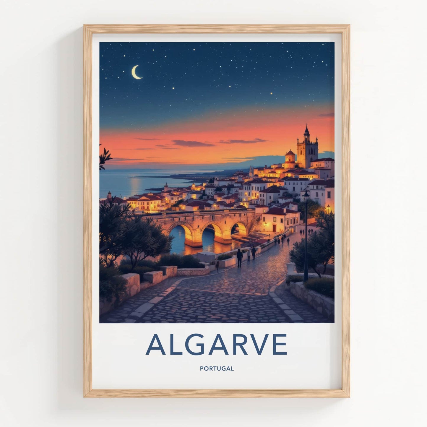 Algarve Poster - Portugal Travel Print - Moonlit Coastal Town Home Decor