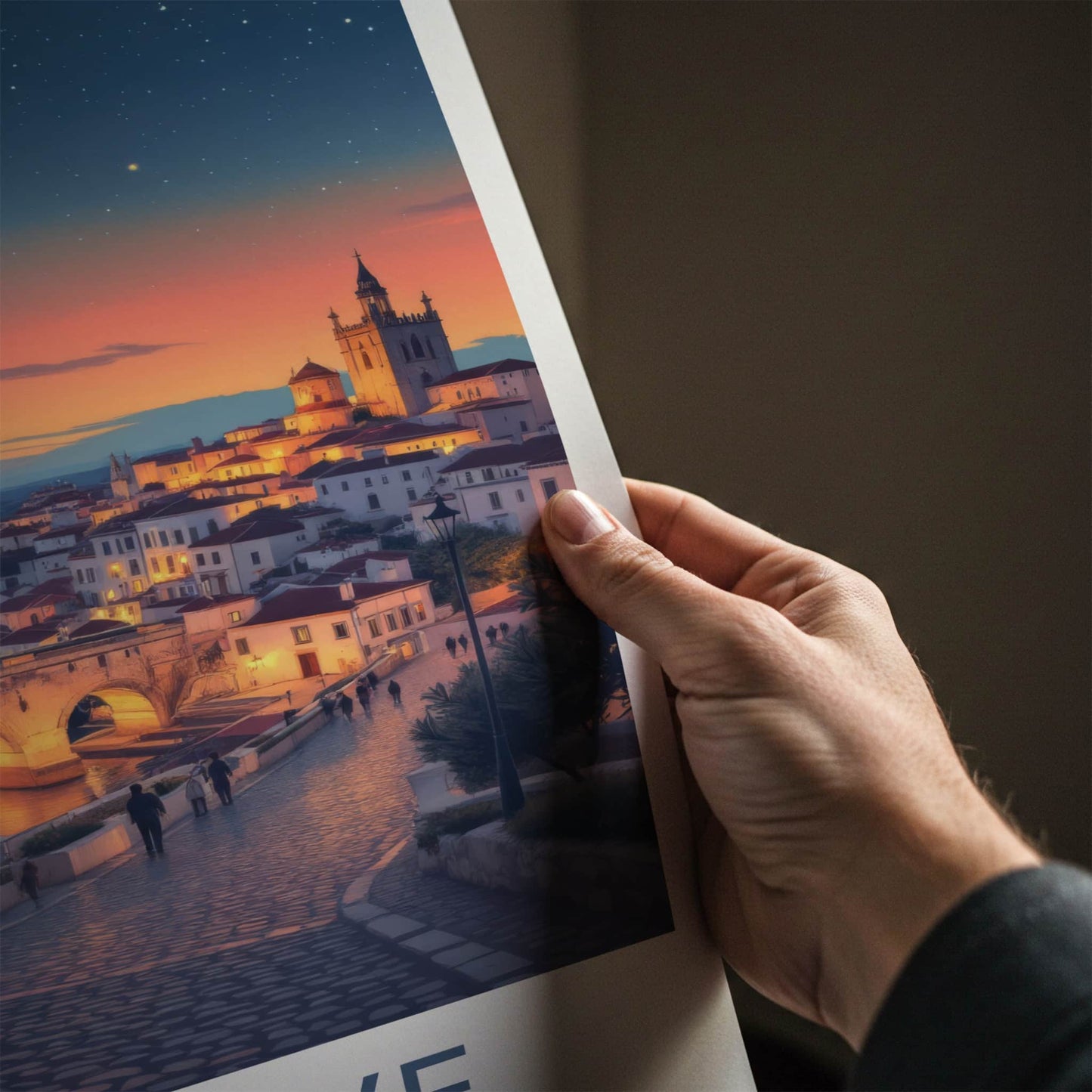 Algarve Poster - Portugal Travel Print - Moonlit Coastal Town Home Decor