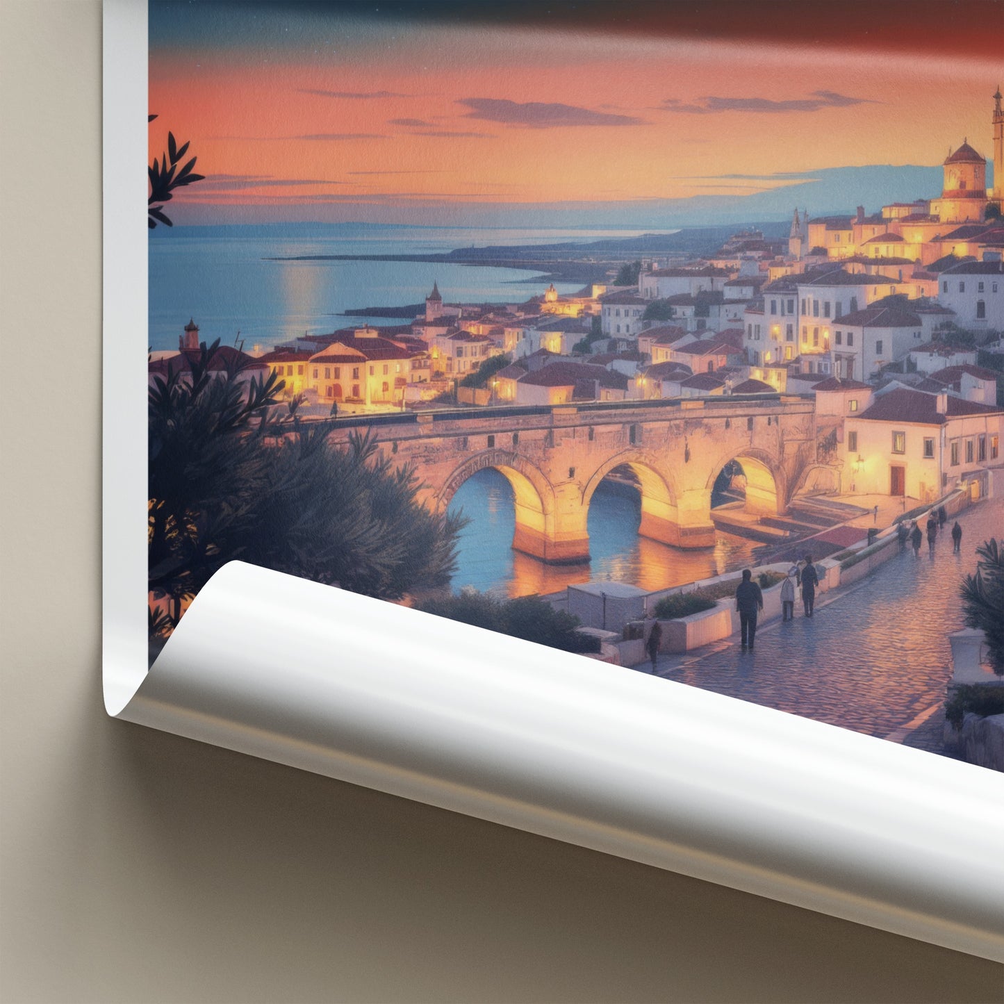 Algarve Poster - Portugal Travel Print - Moonlit Coastal Town Home Decor