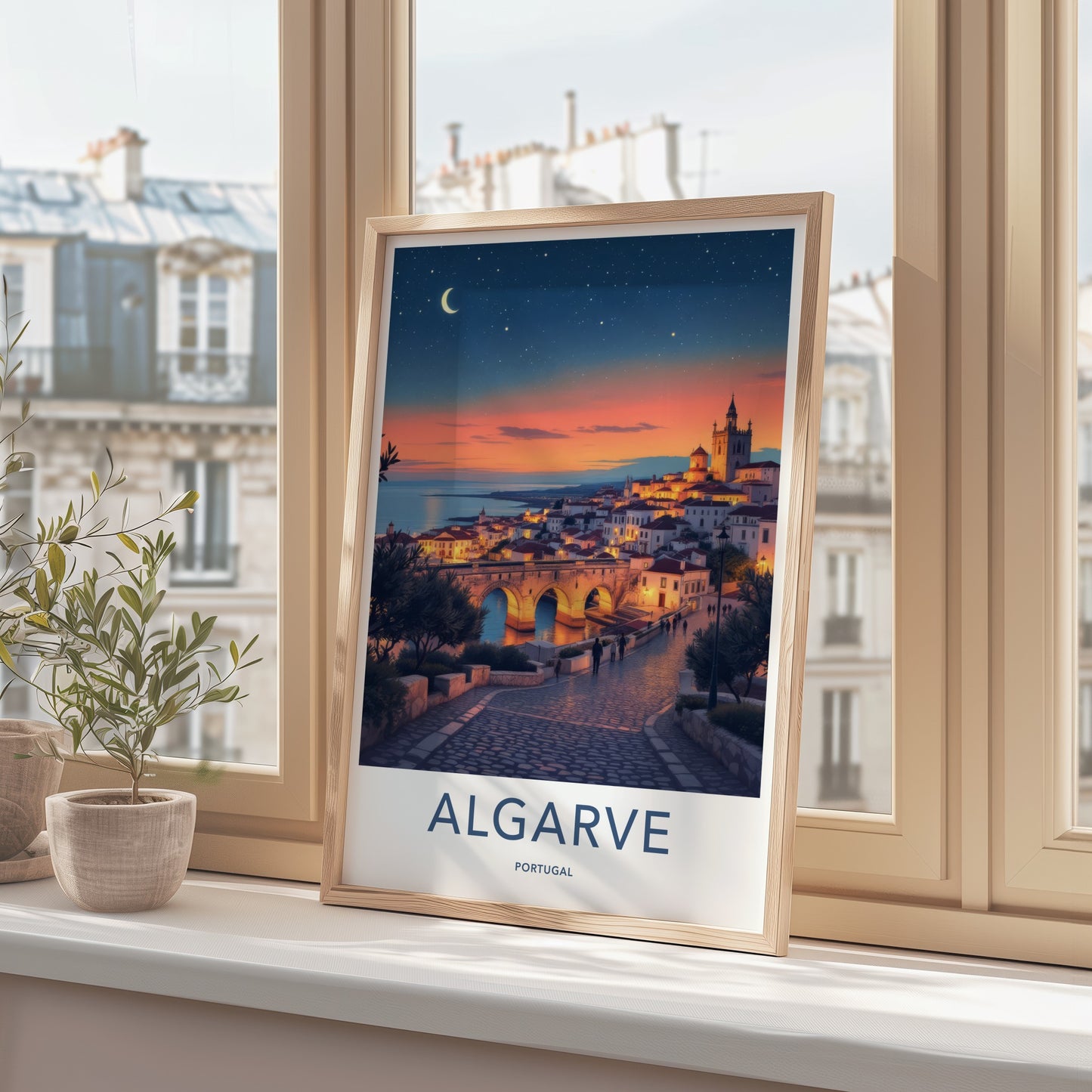 Algarve Poster - Portugal Travel Print - Moonlit Coastal Town Home Decor