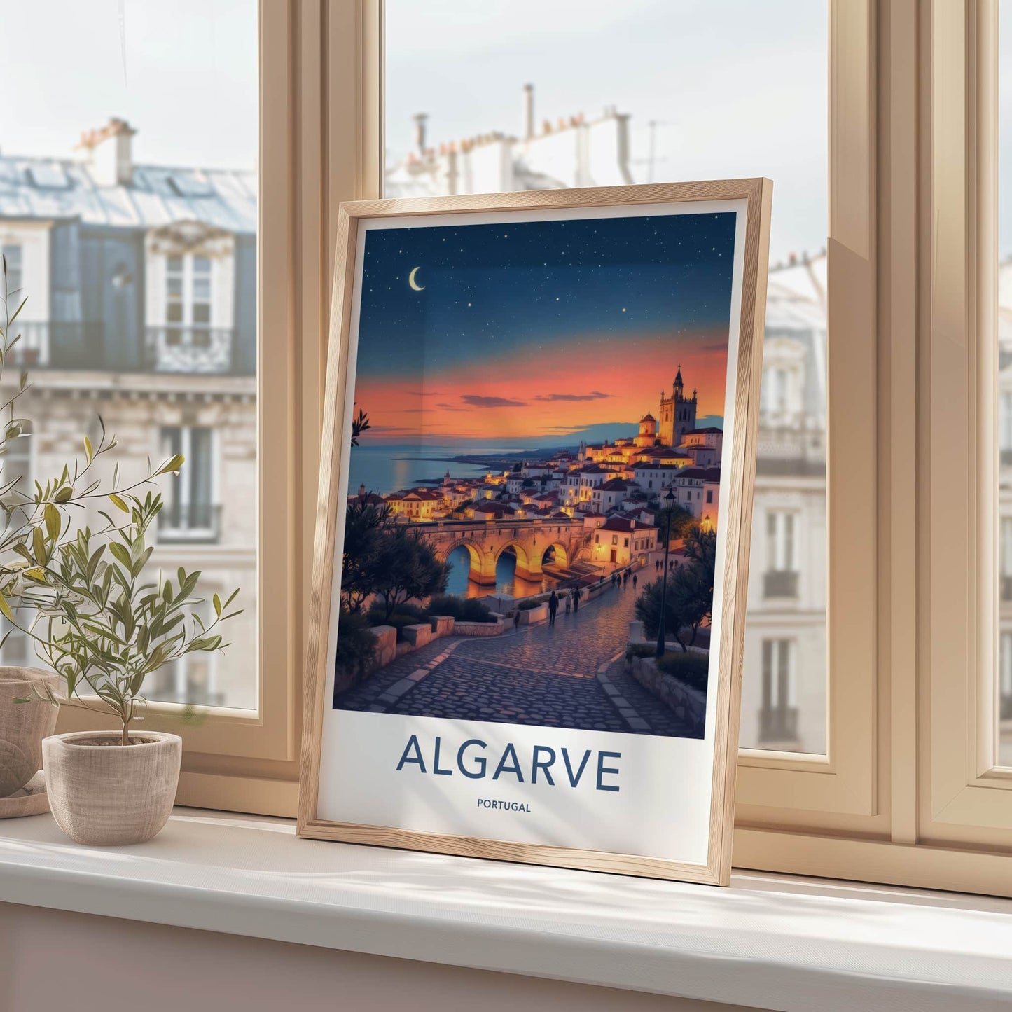 Algarve Poster - Portugal Travel Print - Moonlit Coastal Town Home Decor