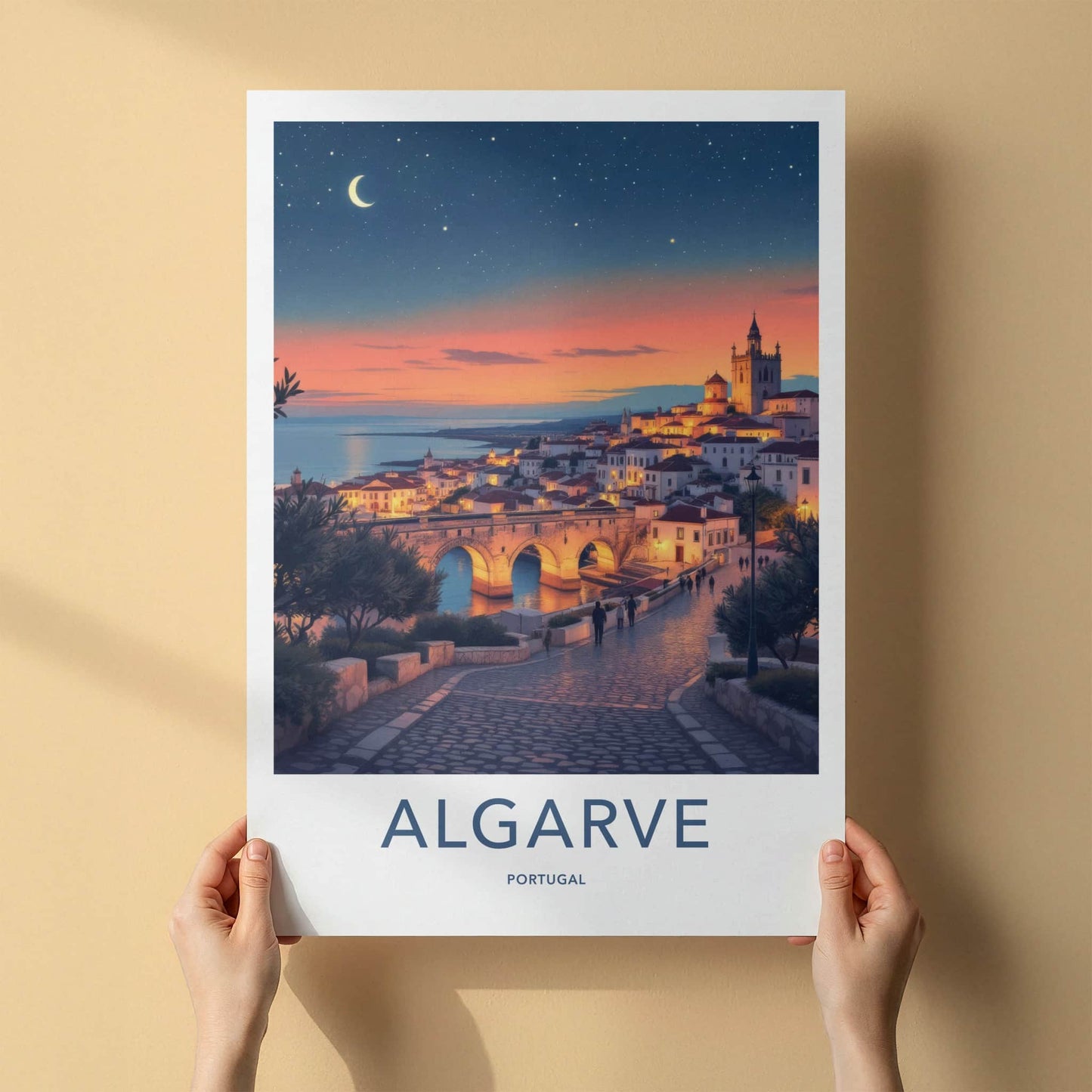 Algarve Poster - Portugal Travel Print - Moonlit Coastal Town Home Decor