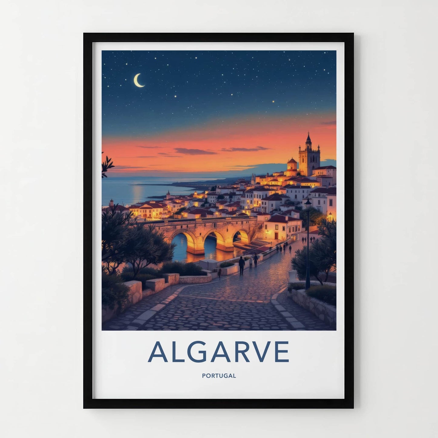 Algarve Poster - Portugal Travel Print - Moonlit Coastal Town Home Decor