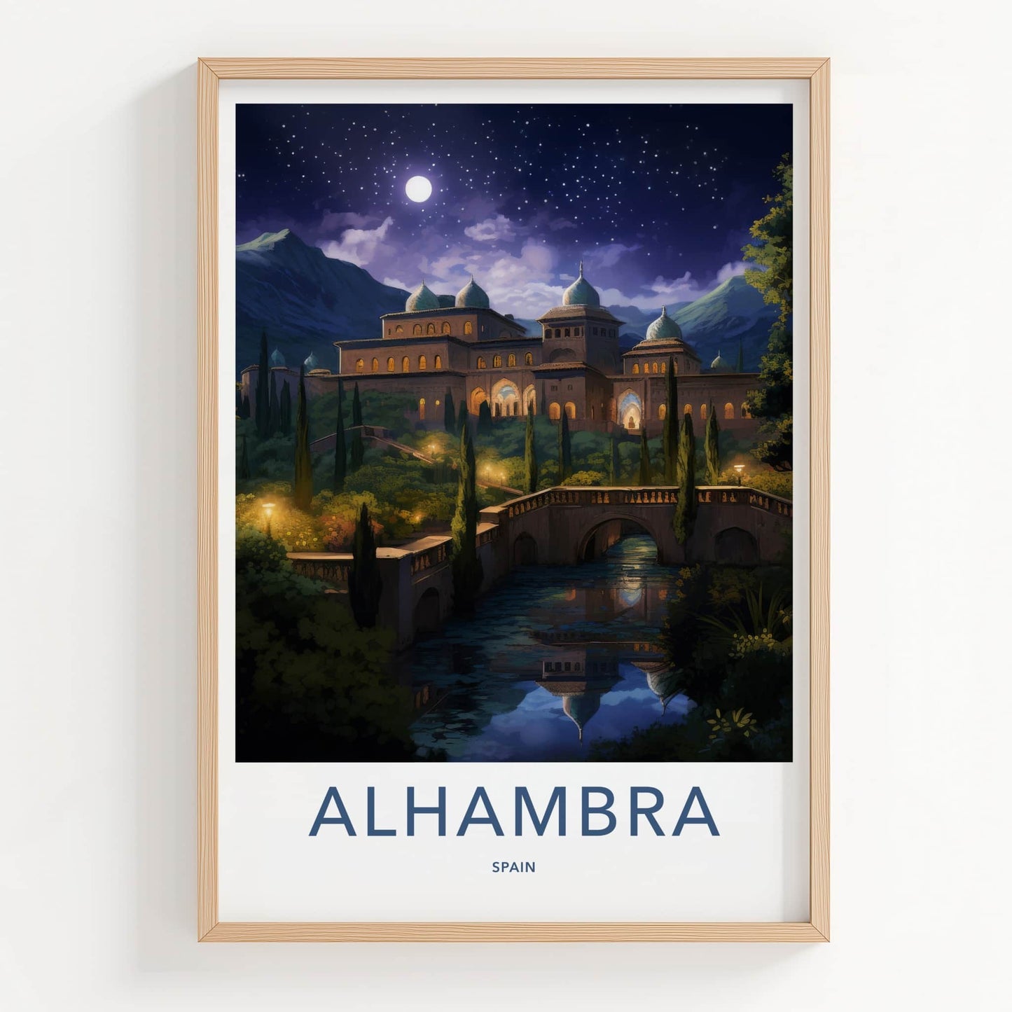 Alhambra Poster - Spain Travel Art - Moonlit Palace Reflection Home Decor