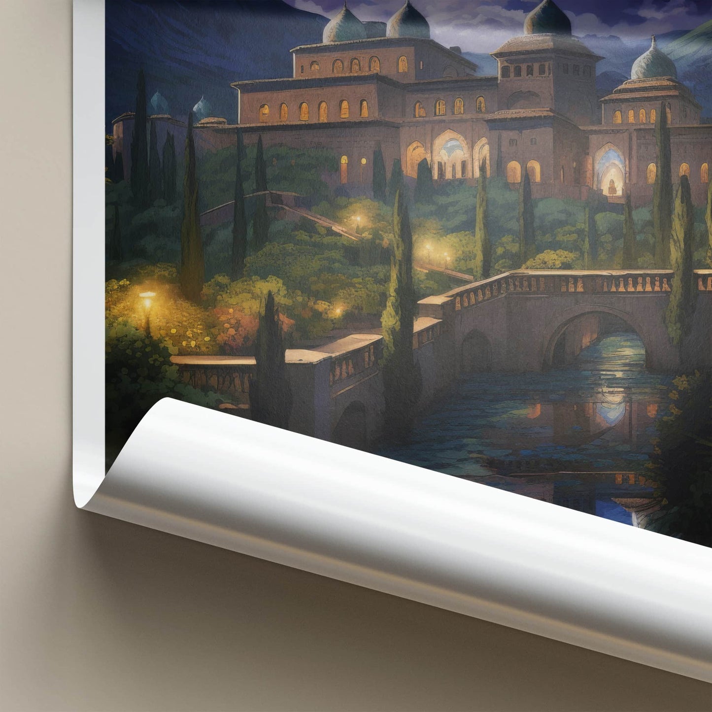 Alhambra Poster - Spain Travel Art - Moonlit Palace Reflection Home Decor