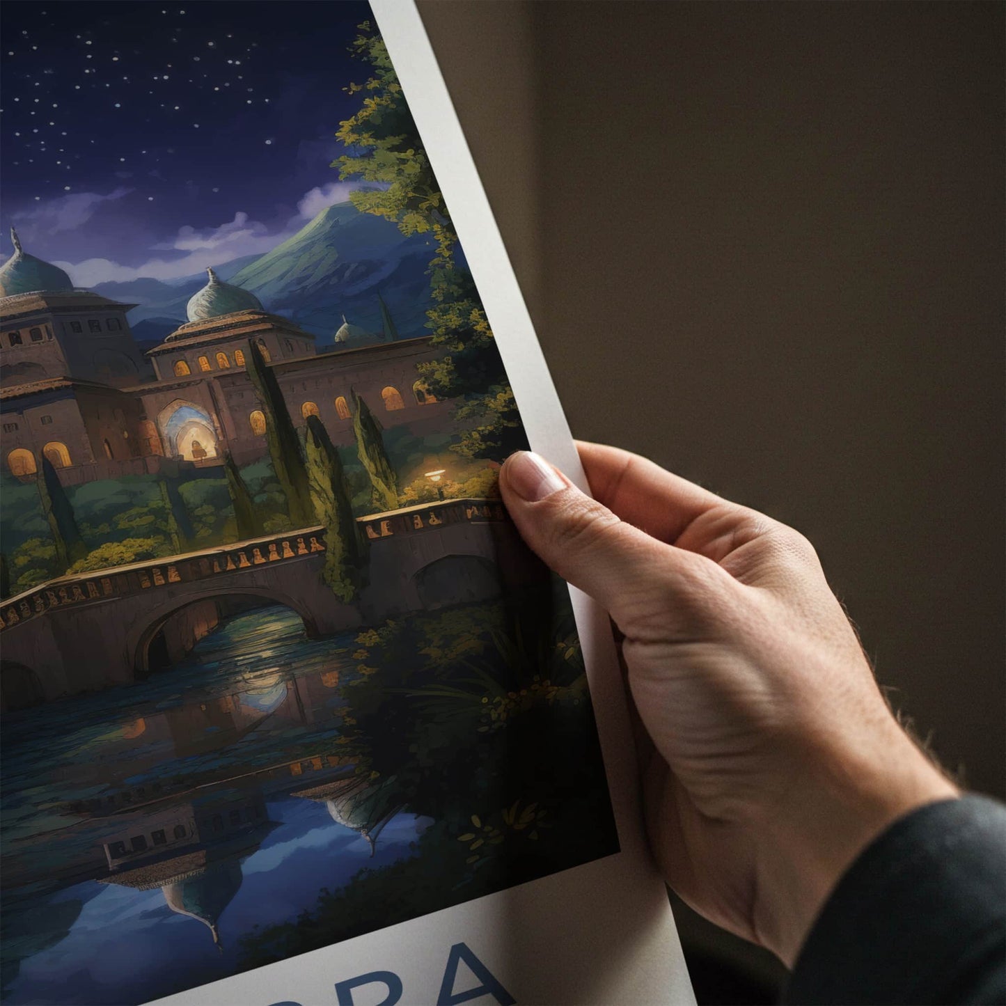 Alhambra Poster - Spain Travel Art - Moonlit Palace Reflection Home Decor