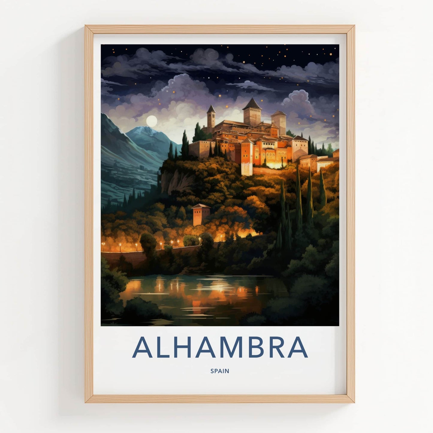 Alhambra Poster - Spain Travel Art - Moonlit Palace View Home Decor