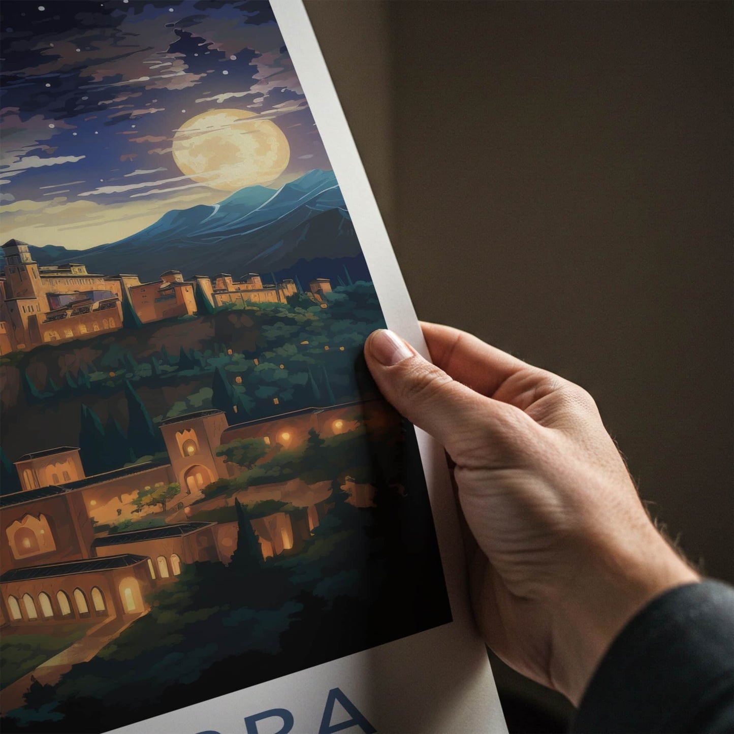 Alhambra Poster - Spain Travel Art - Night Mountain Palace Home Decor