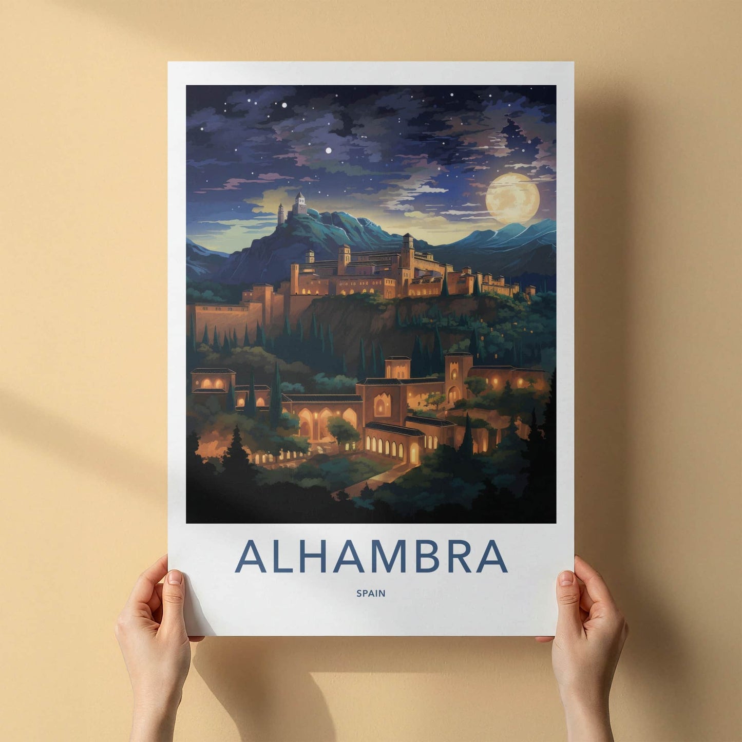 Alhambra Poster - Spain Travel Art - Night Mountain Palace Home Decor