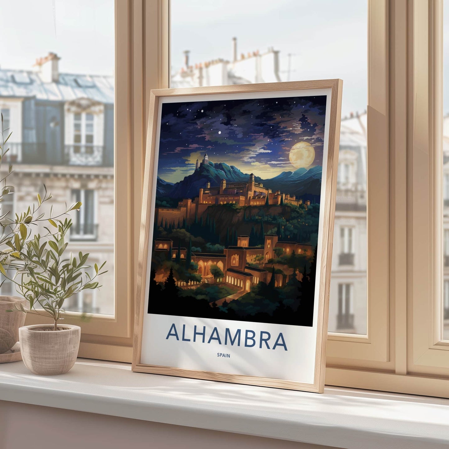 Alhambra Poster - Spain Travel Art - Night Mountain Palace Home Decor