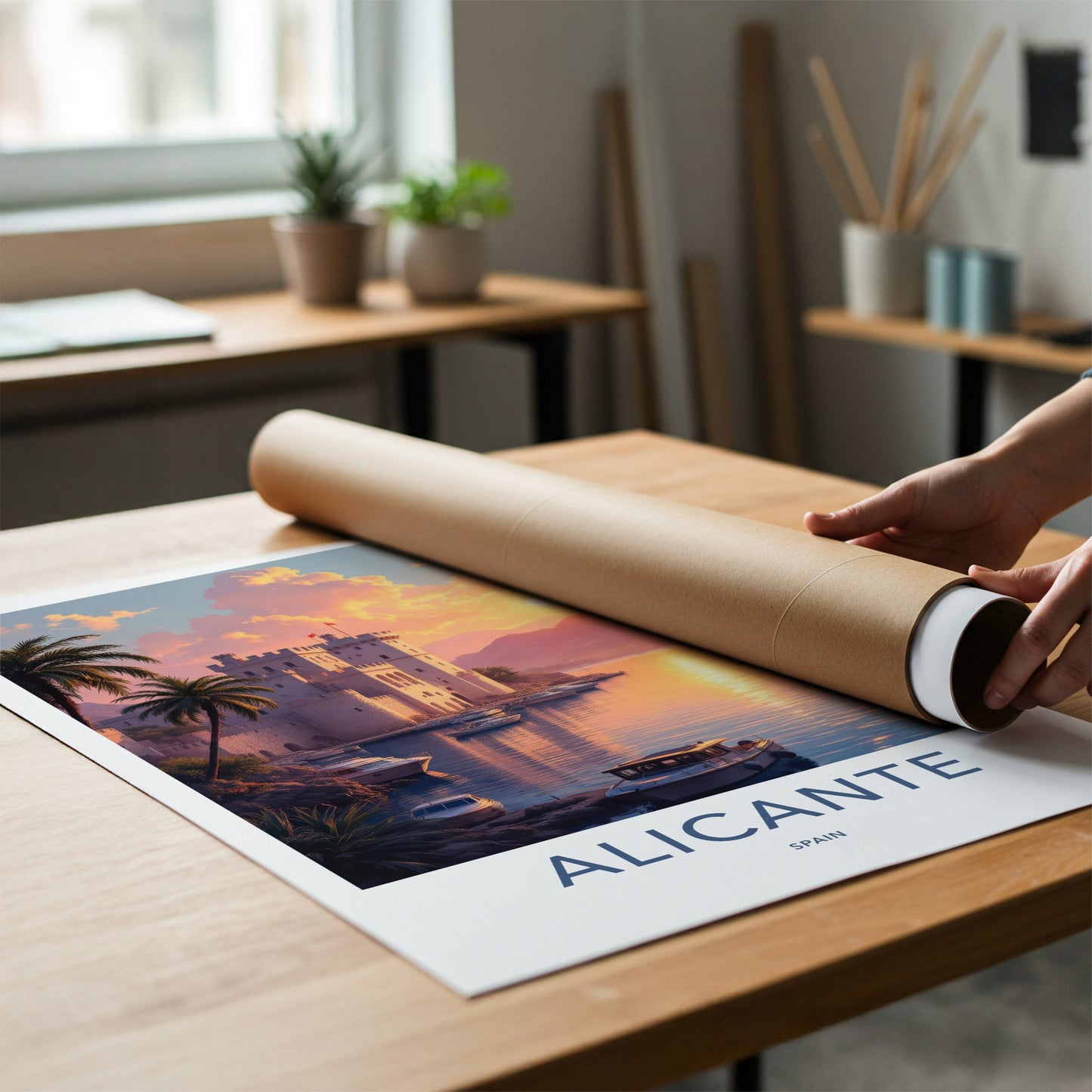 Alicante Poster - Spain Travel Art - Golden Sunset Harbor Home Decor