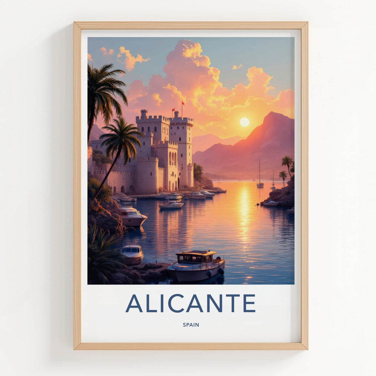 Alicante Poster - Spain Travel Art - Golden Sunset Harbor Home Decor