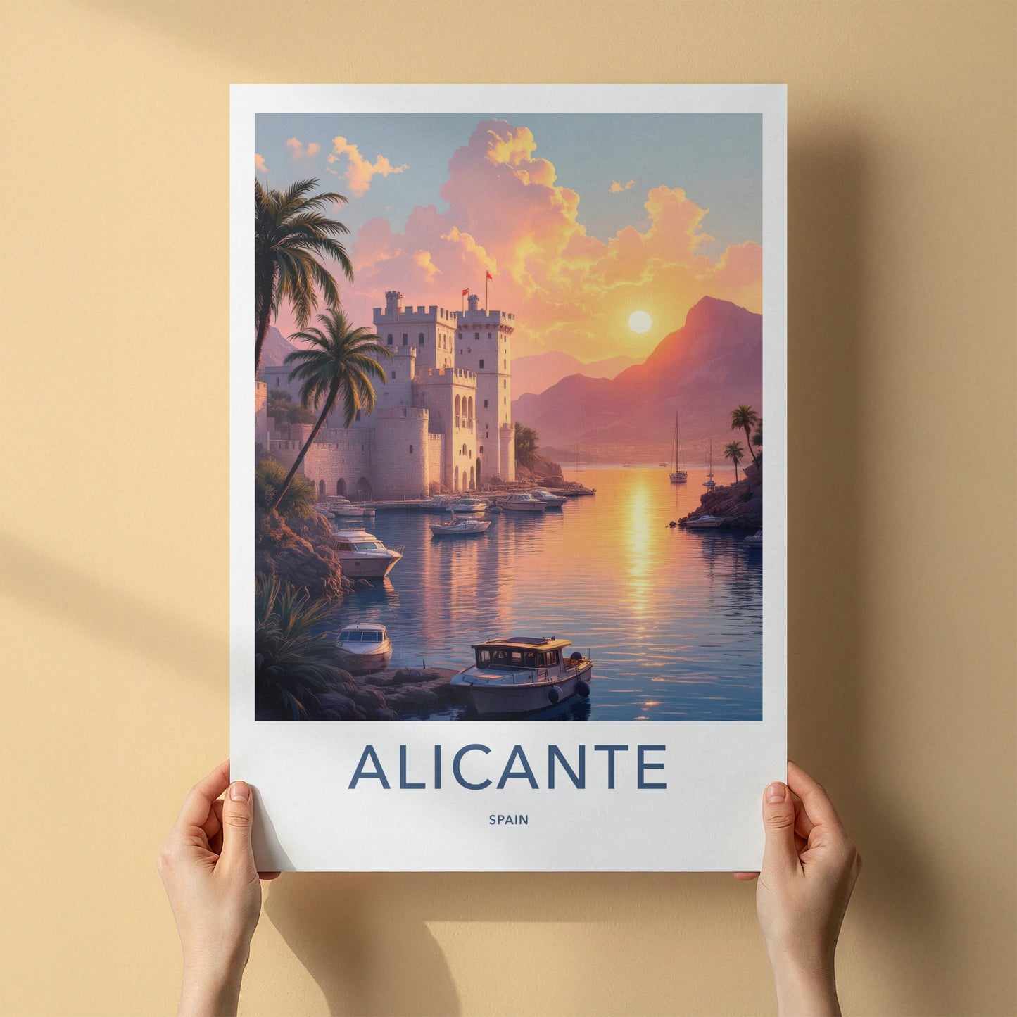 Alicante Poster - Spain Travel Art - Golden Sunset Harbor Home Decor